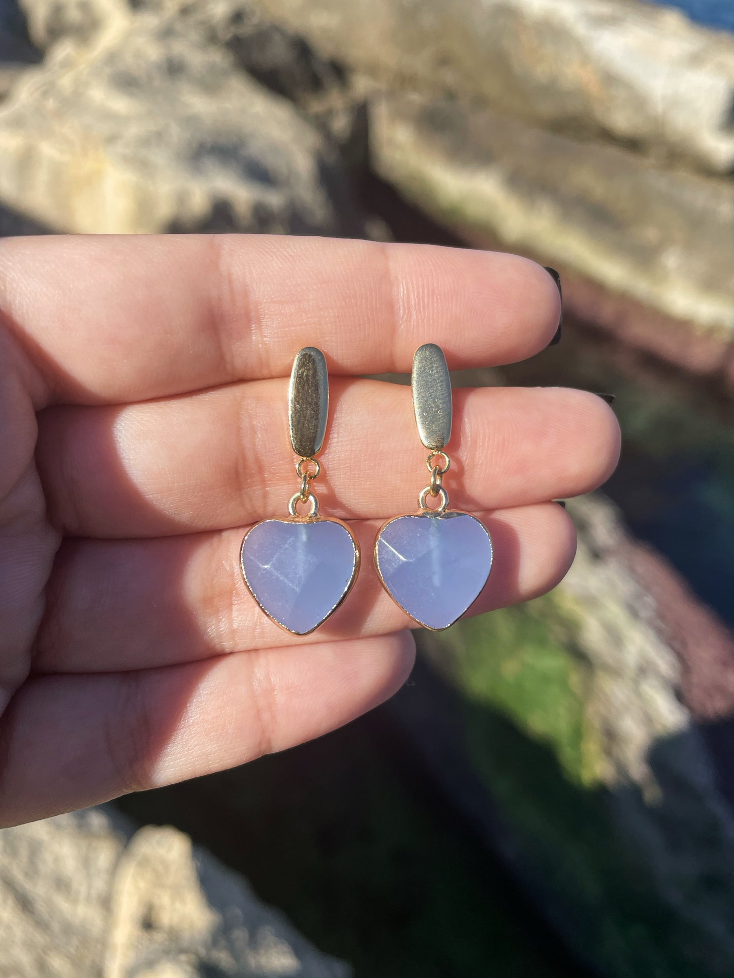 Blue Agate Heart Stud Gold Earrings