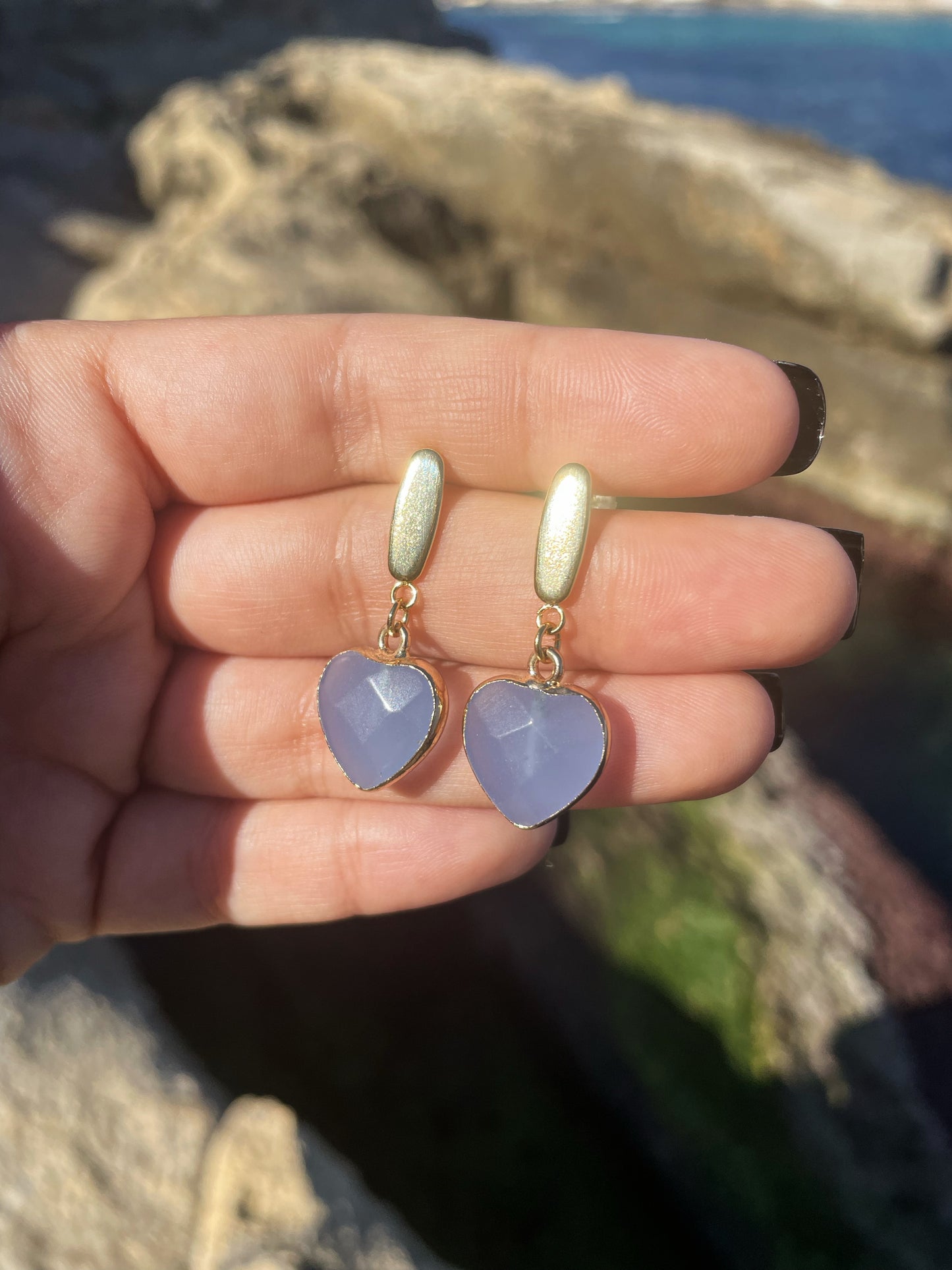Blue Agate Heart Stud Gold Earrings