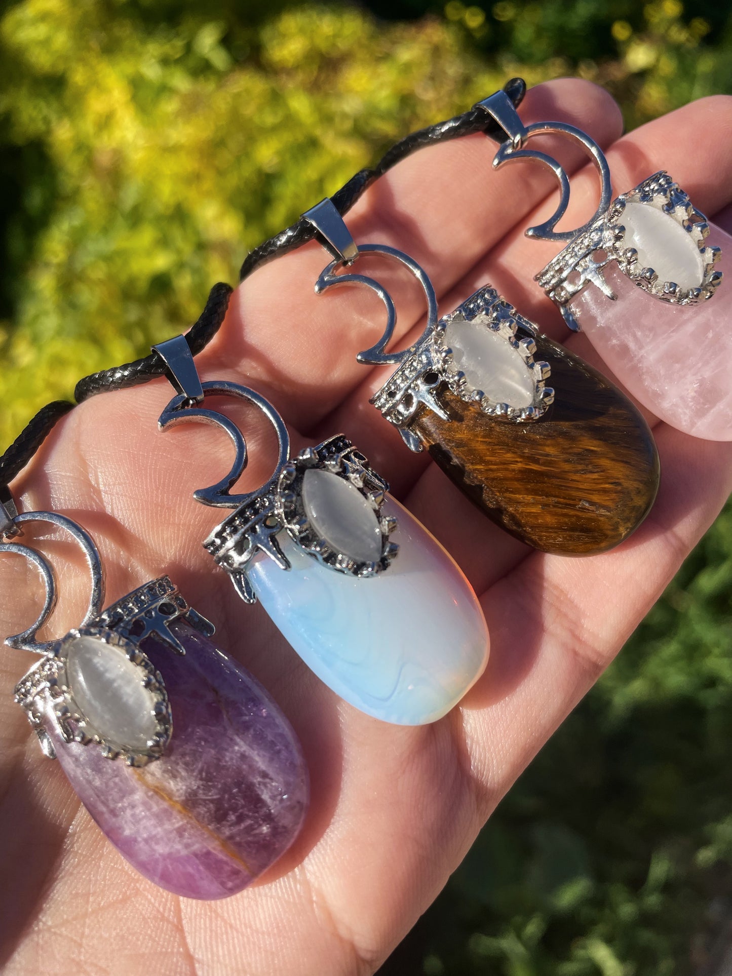 Amethyst, Tiger's Eye, Rose Quartz, Opalite with Moonstone Silver Necklace