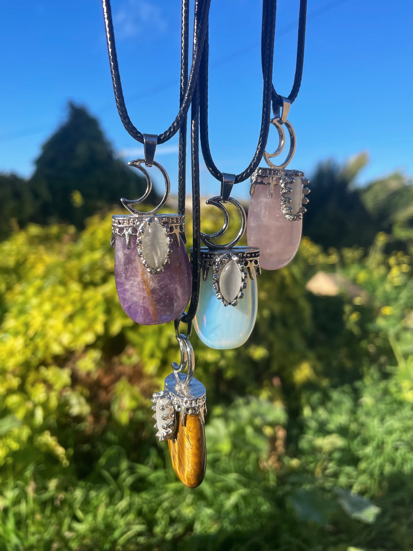 Amethyst, Tiger's Eye, Rose Quartz, Opalite with Moonstone Silver Necklace