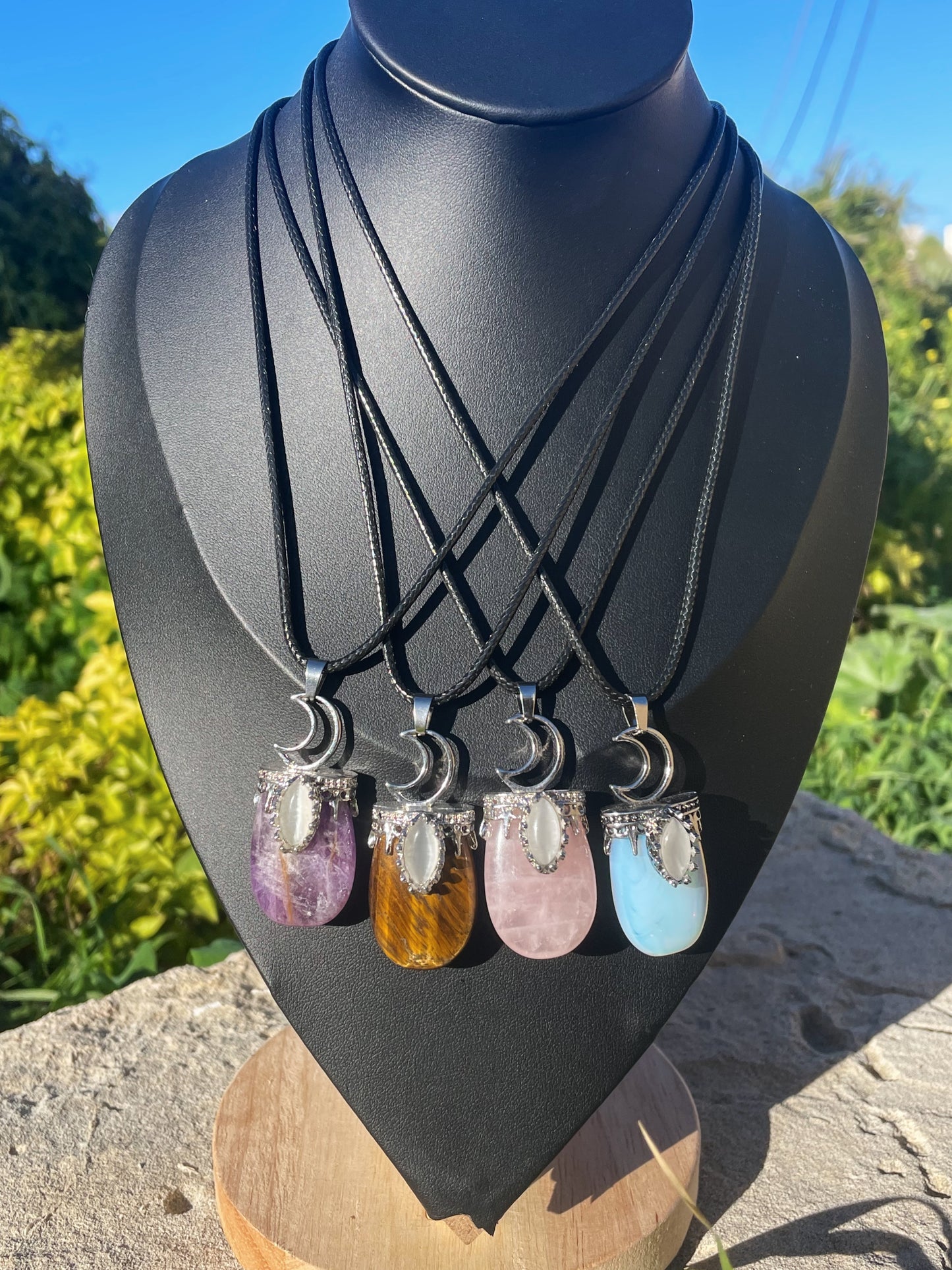 Amethyst, Tiger's Eye, Rose Quartz, Opalite with Moonstone Silver Necklace
