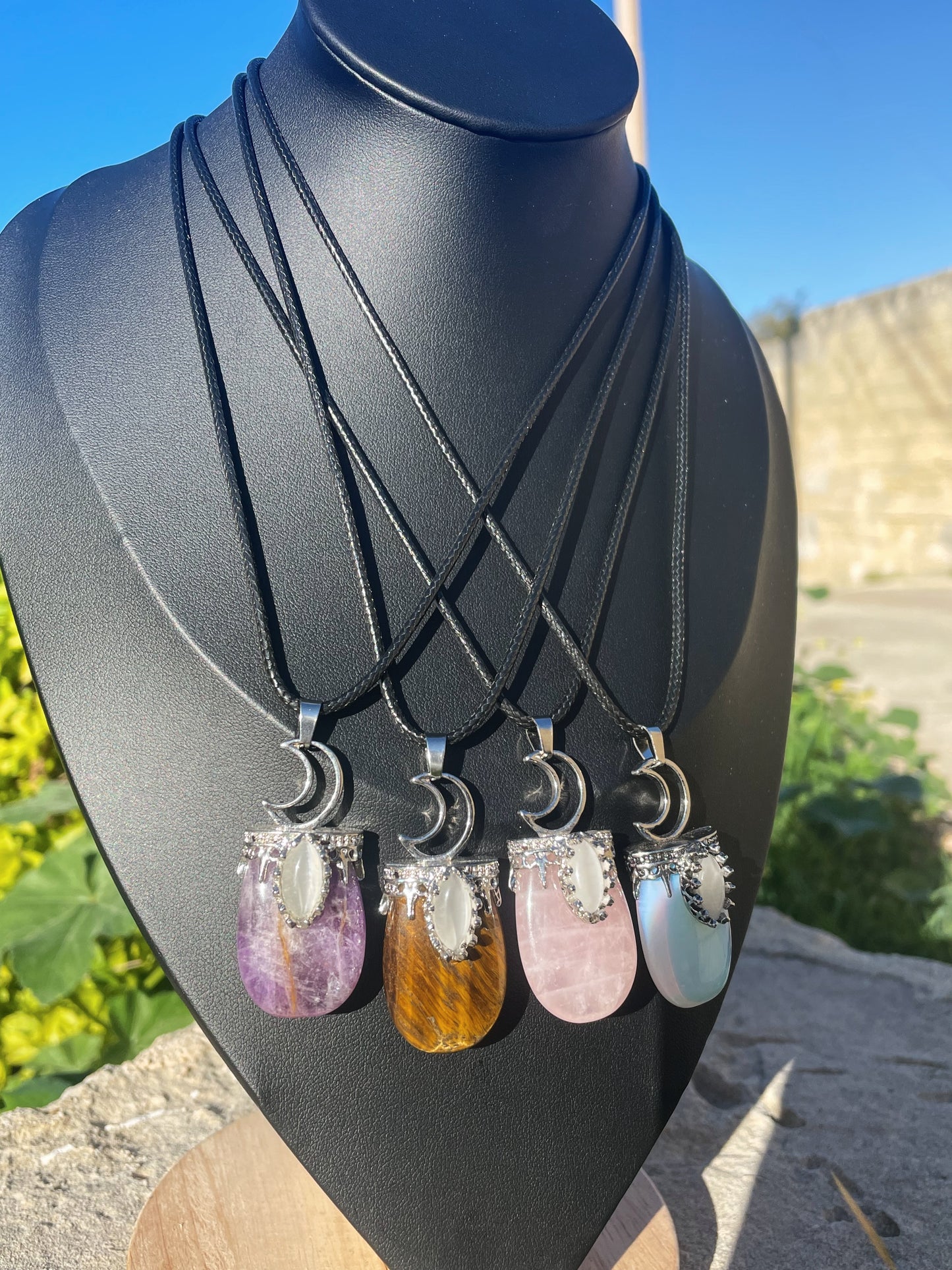 Amethyst, Tiger's Eye, Rose Quartz, Opalite with Moonstone Silver Necklace