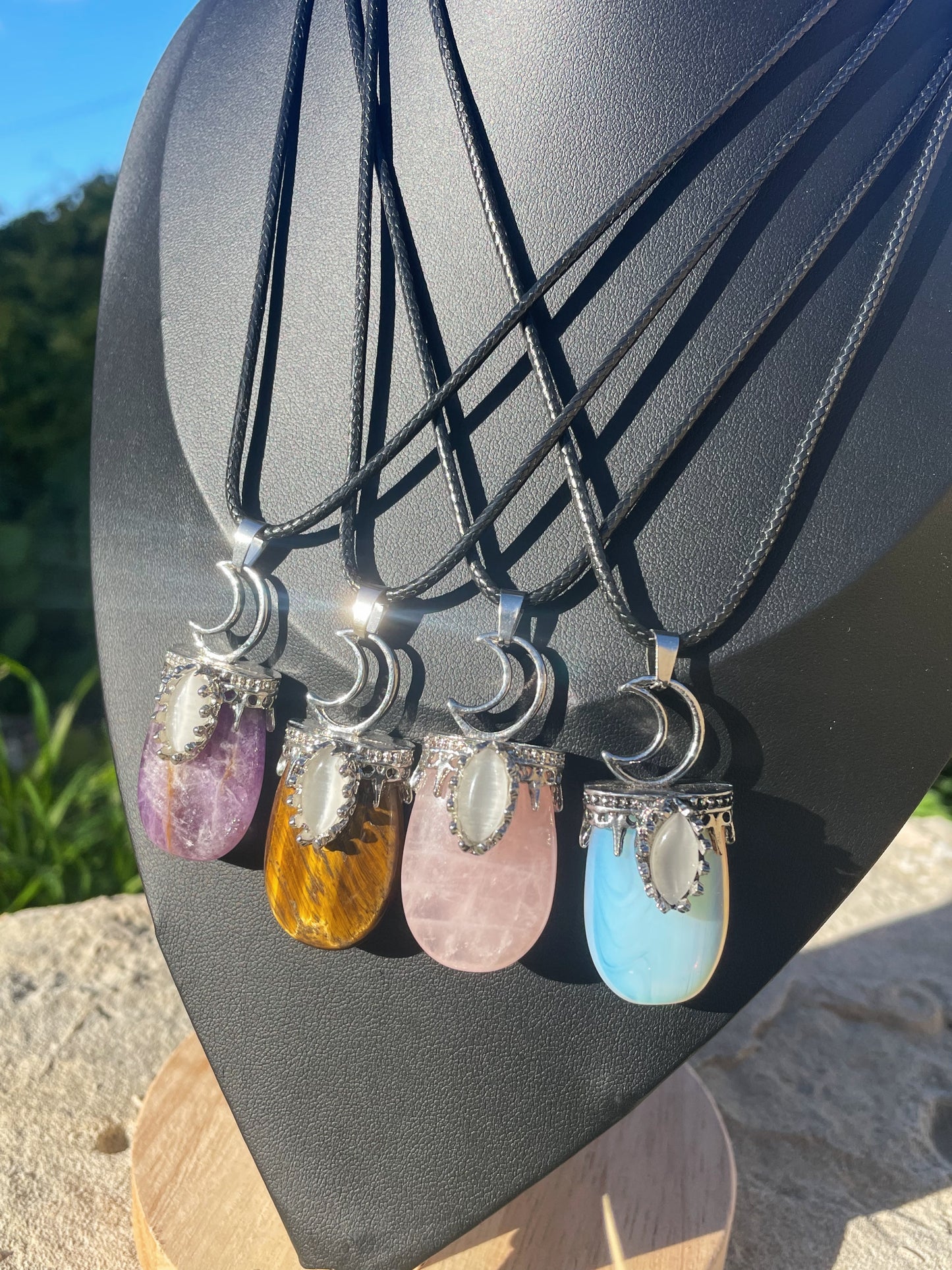Amethyst, Tiger's Eye, Rose Quartz, Opalite with Moonstone Silver Necklace