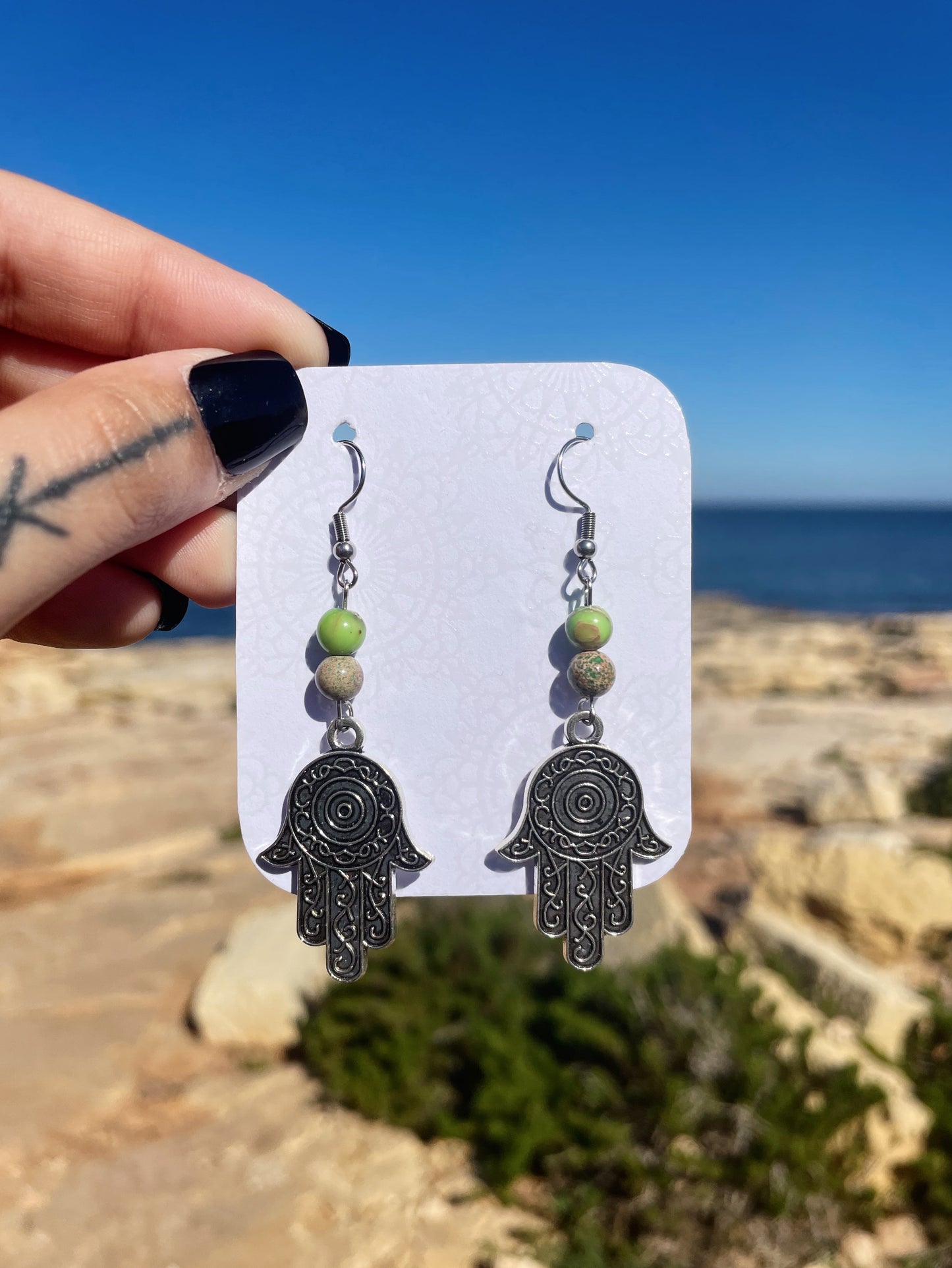Imperial Jasper Hamsa Silver Earrings