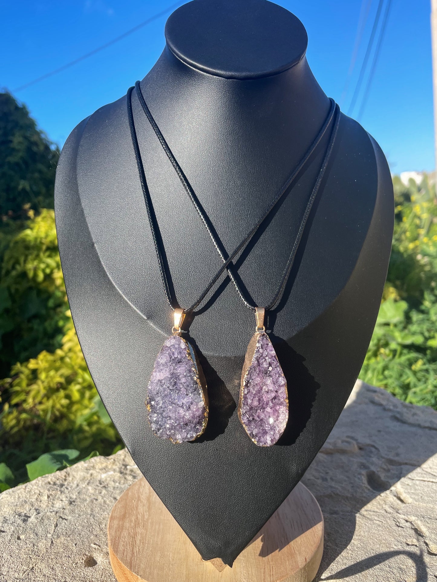 Amethyst Cluster Black Cord Necklace