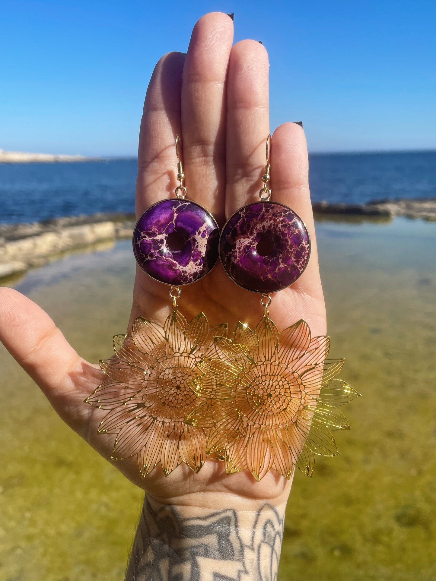 Imperial Jasper and Sunflower Gold Earrings