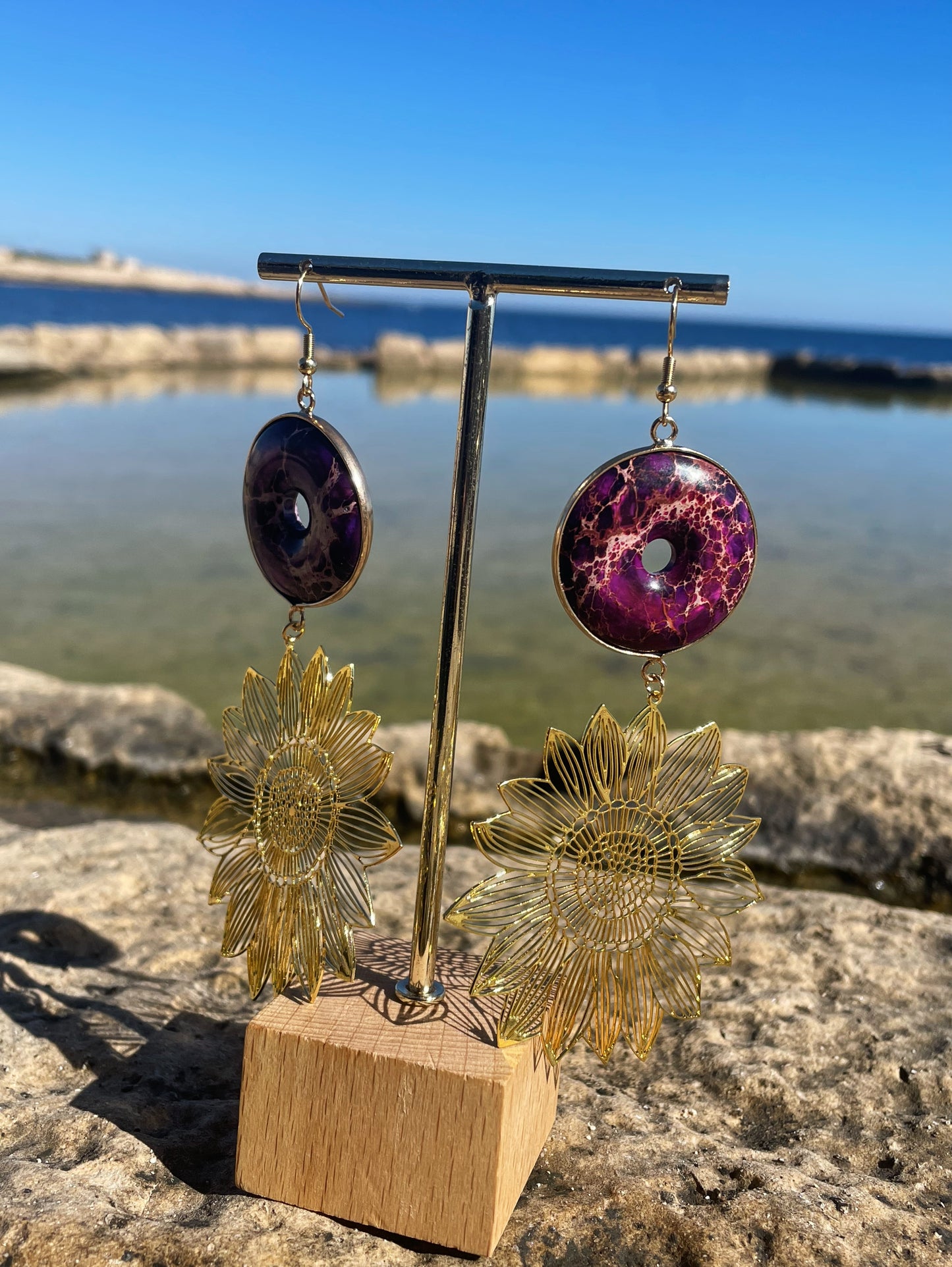 Imperial Jasper and Sunflower Gold Earrings