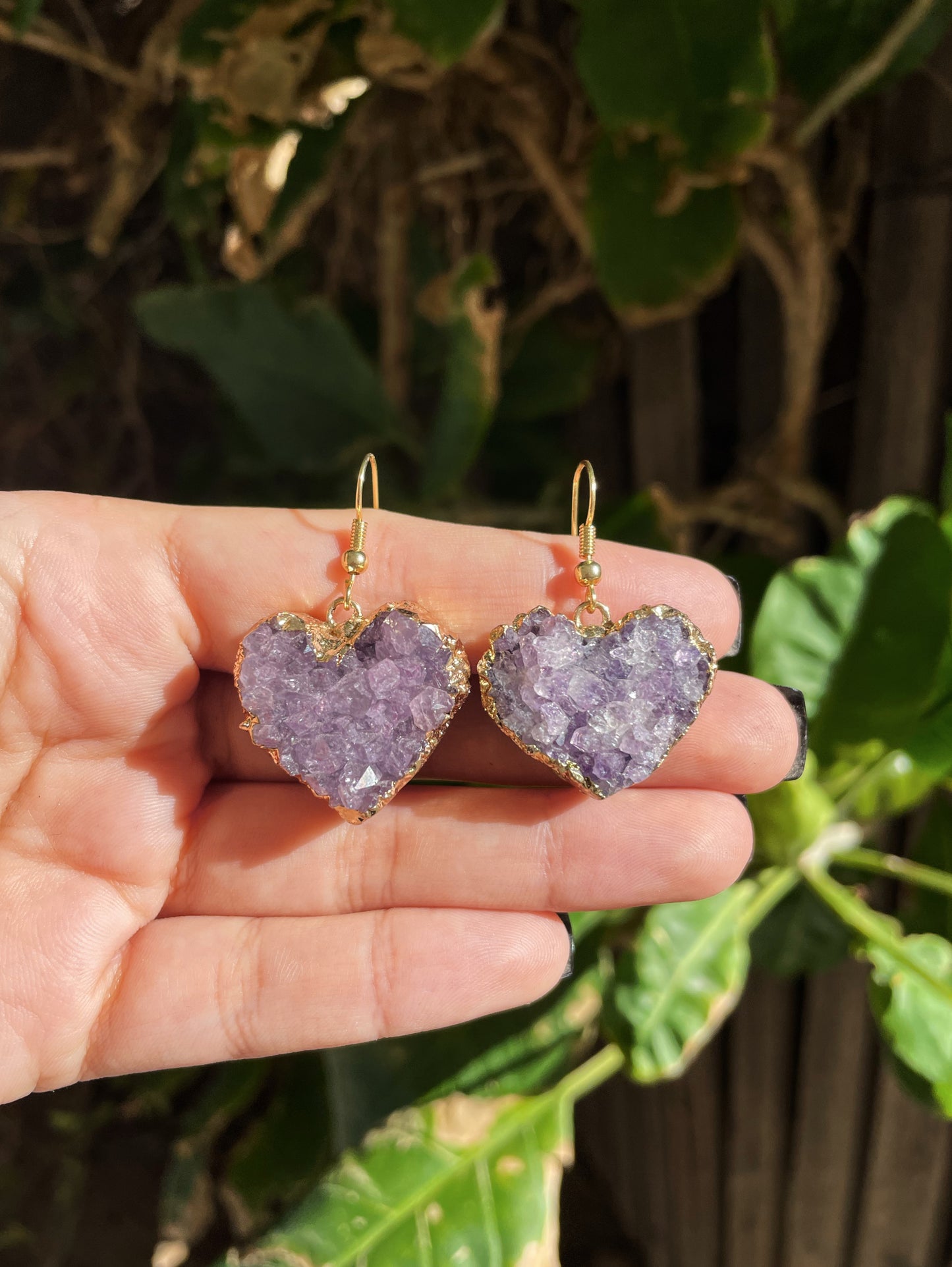 Amethyst Heart Cluster Asymmetrical Gold Earrings