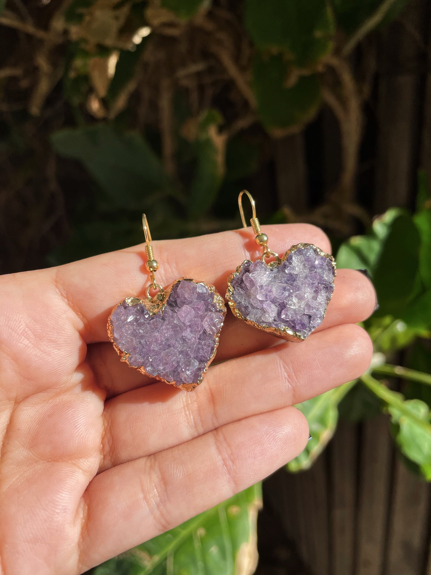 Amethyst Heart Cluster Asymmetrical Gold Earrings