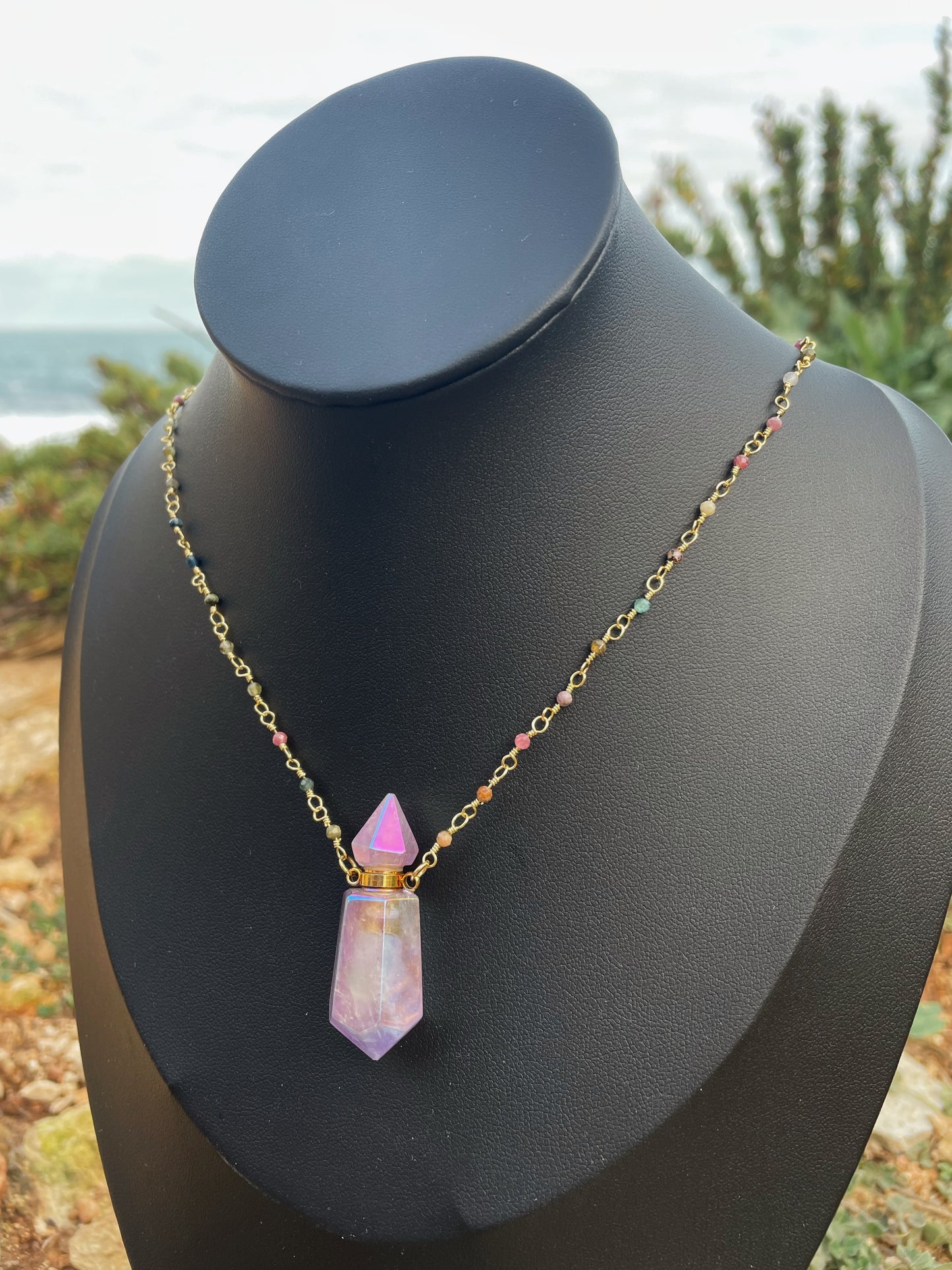 Angel Aura Amethyst Crystal Bottle & Tourmaline Gold Necklace