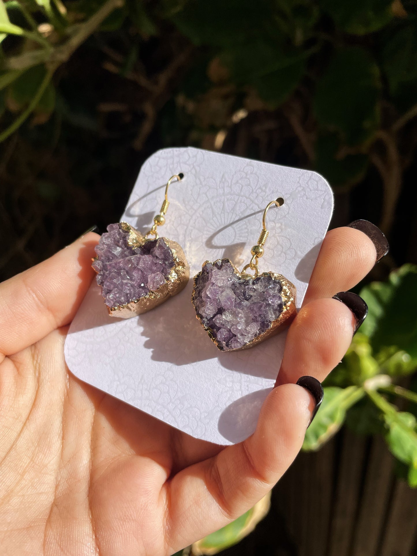 Amethyst Heart Cluster Asymmetrical Gold Earrings