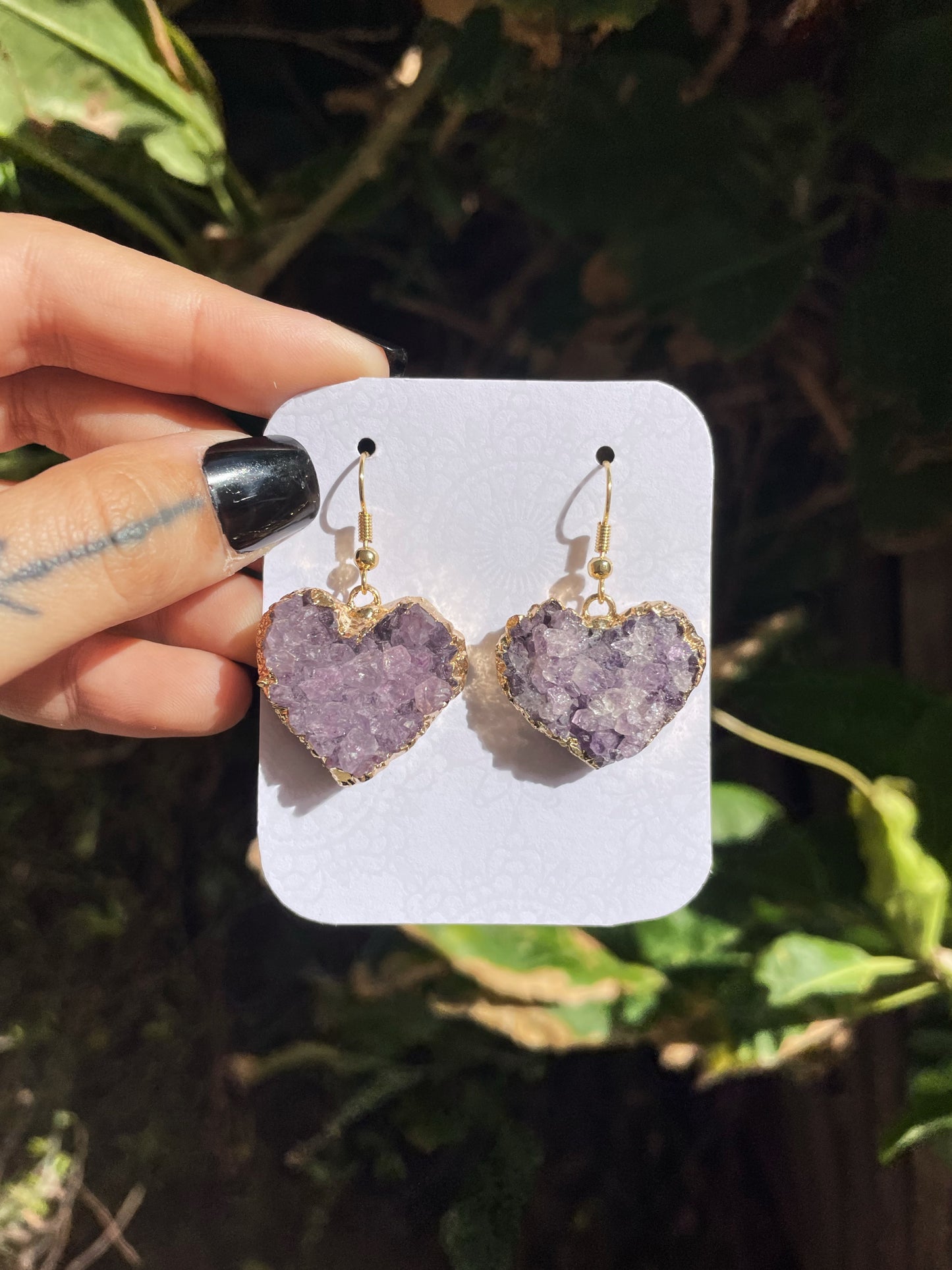 Amethyst Heart Cluster Asymmetrical Gold Earrings