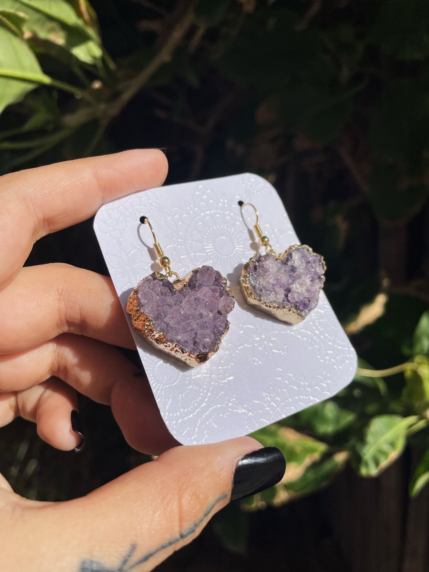 Amethyst Heart Cluster Asymmetrical Gold Earrings
