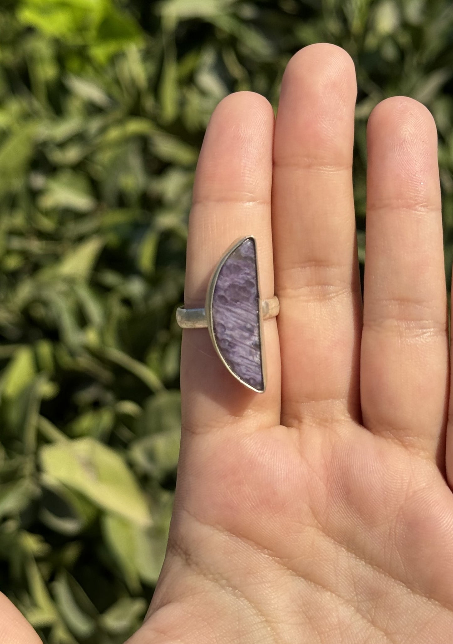 Charoite Moon Silver Ring