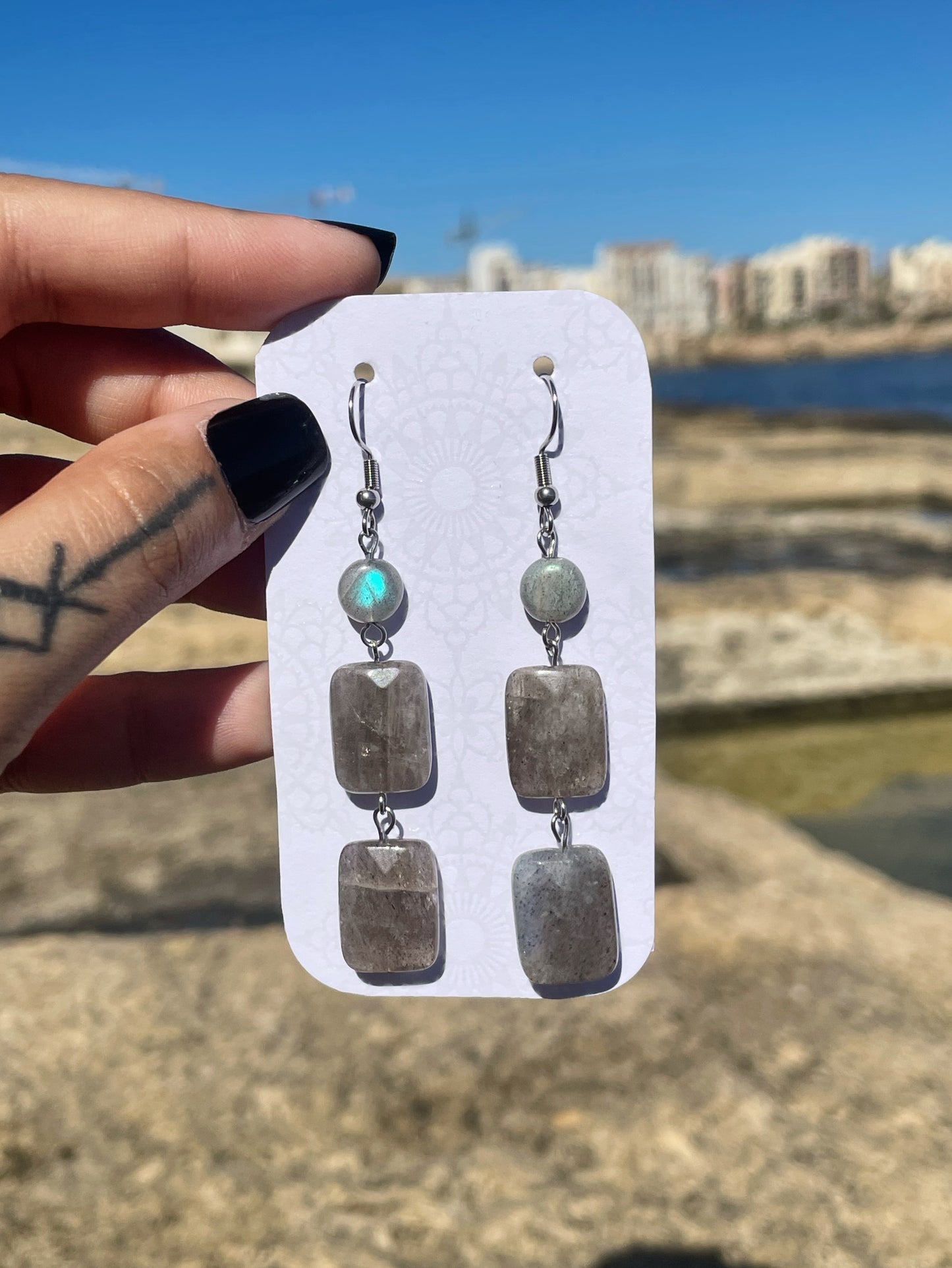 Labradorite Silver, Gold Earrings, 3 Tier Mixed ︱ Repurposed