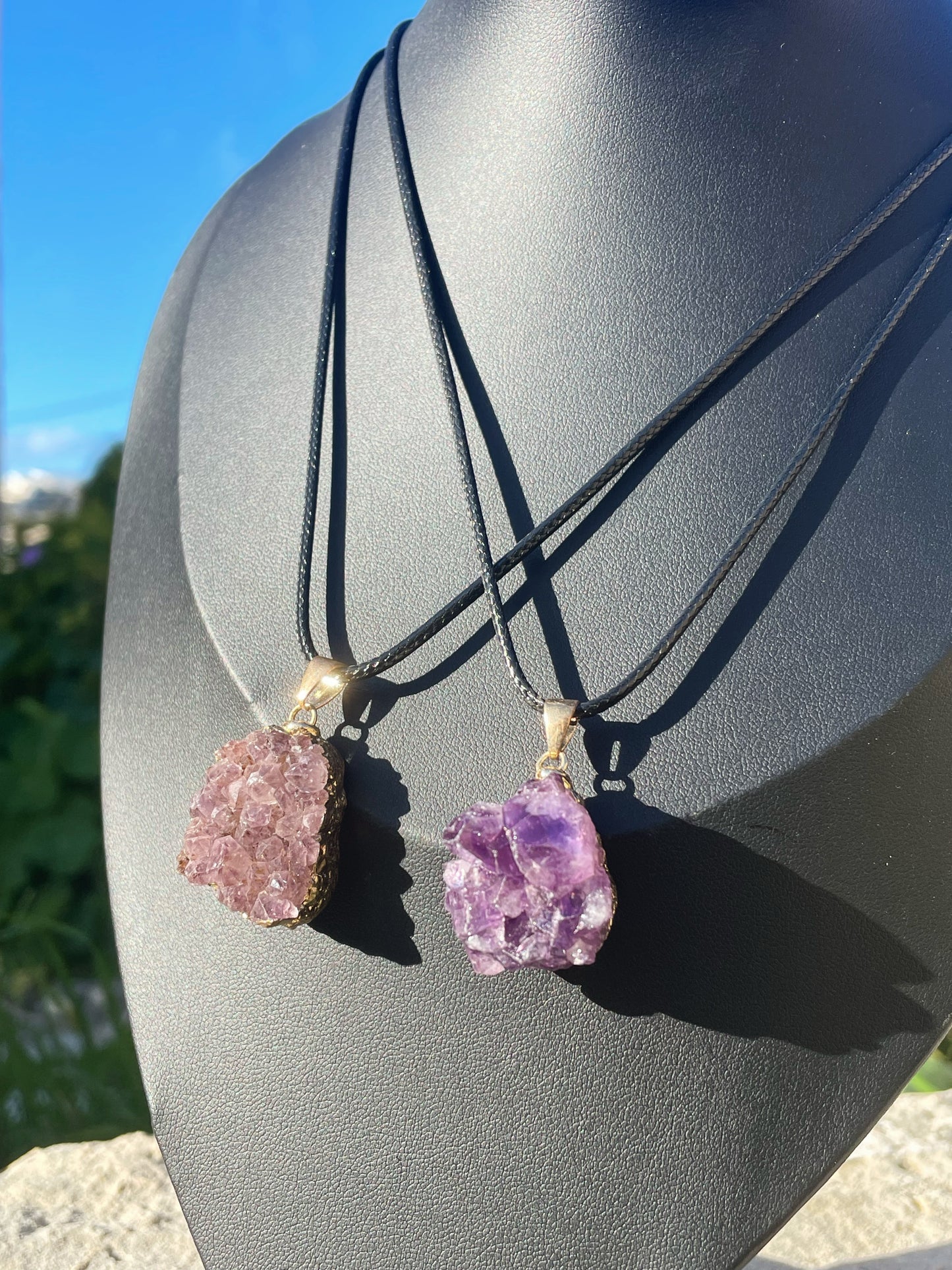Amethyst Cluster Black Cord Necklace
