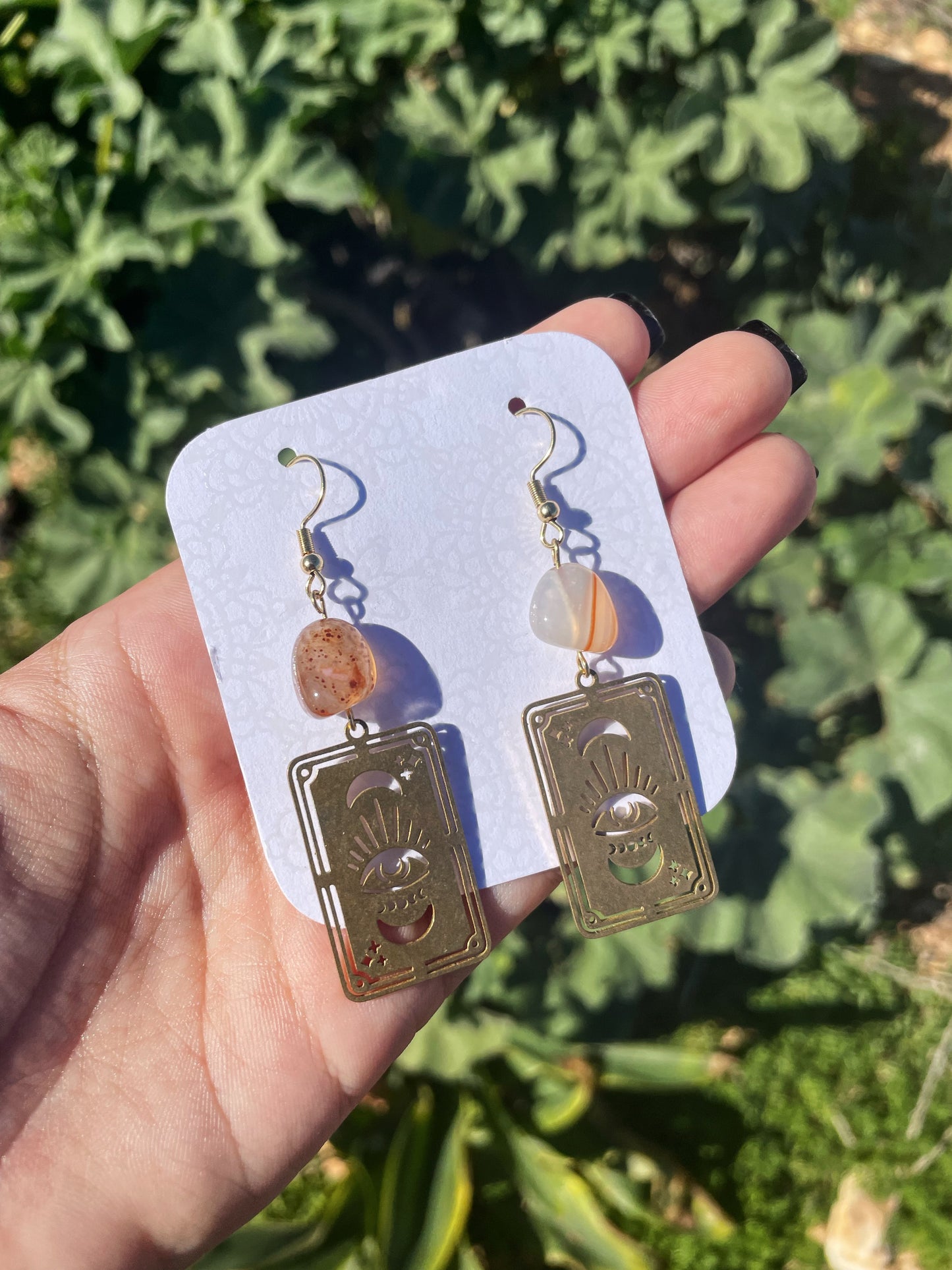 Carnelian and Tarot Card Gold Earrings ︱ Repurposed