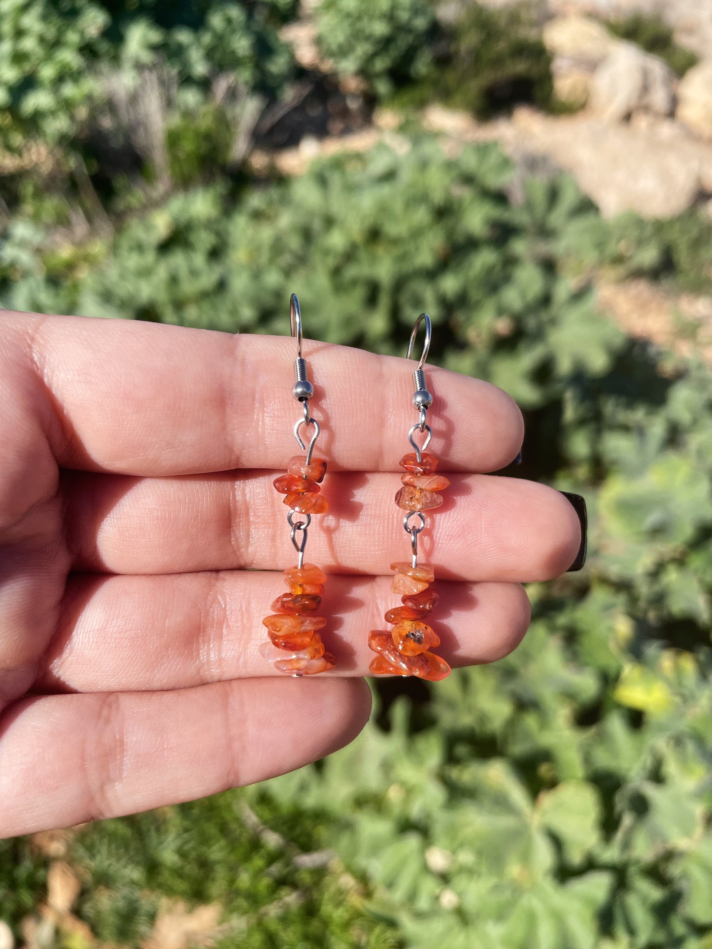 Carnelian Chips Silver, Gold Earrings, 2 Tier ︱ Repurposed