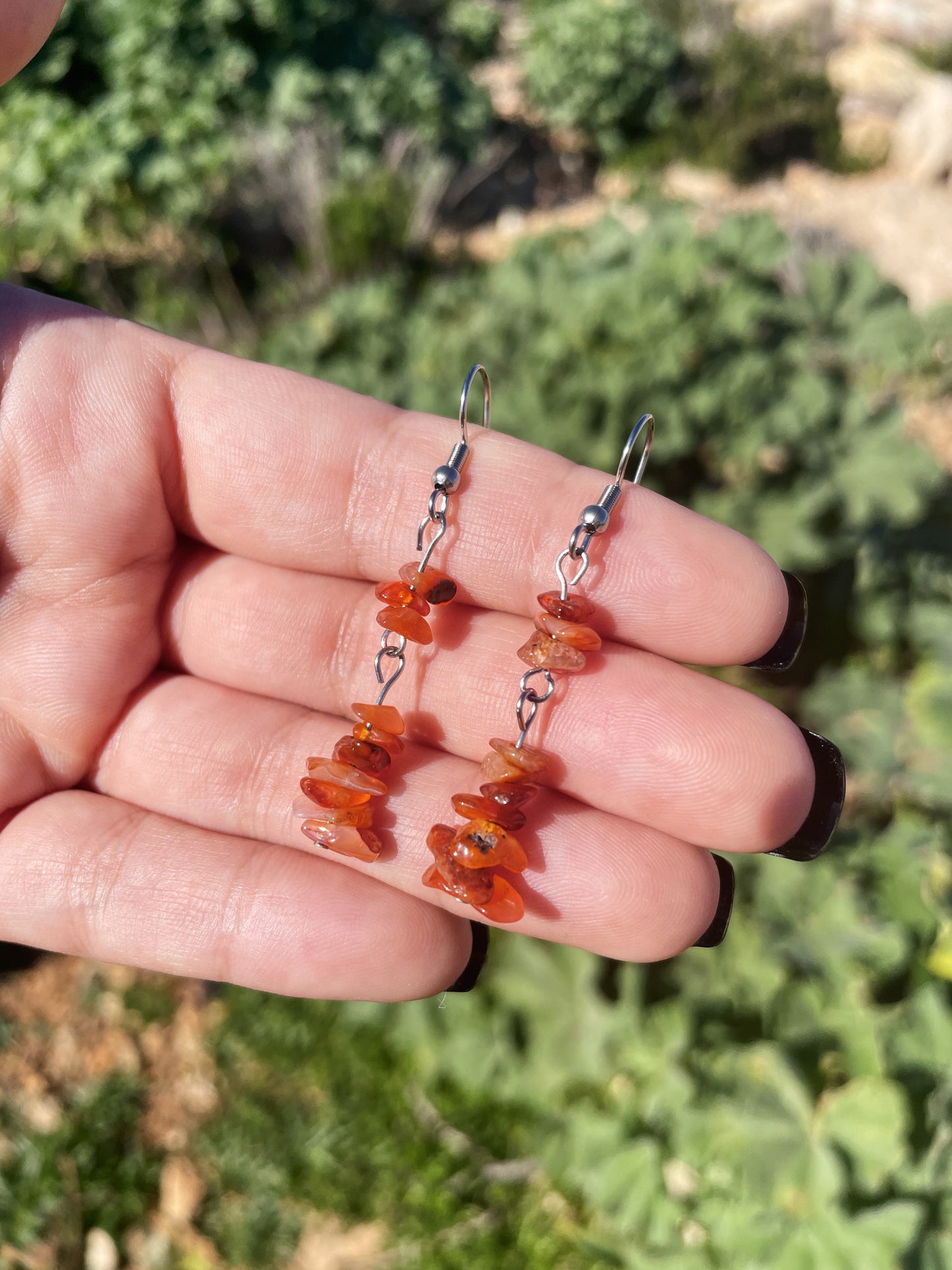 Carnelian Chips Silver, Gold Earrings, 2 Tier ︱ Repurposed