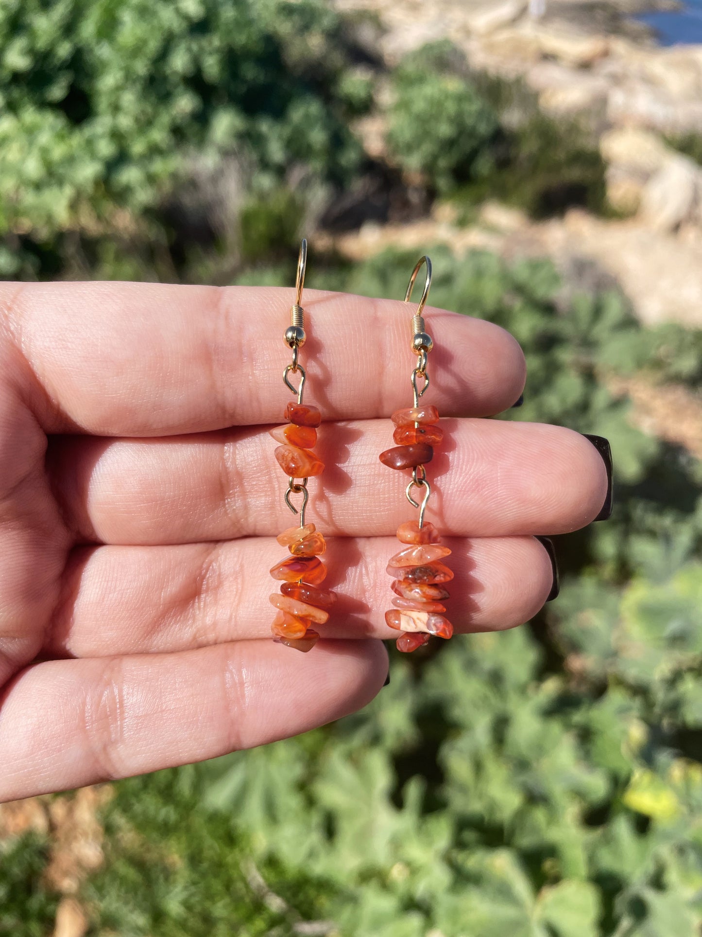 Carnelian Chips Silver, Gold Earrings, 2 Tier ︱ Repurposed