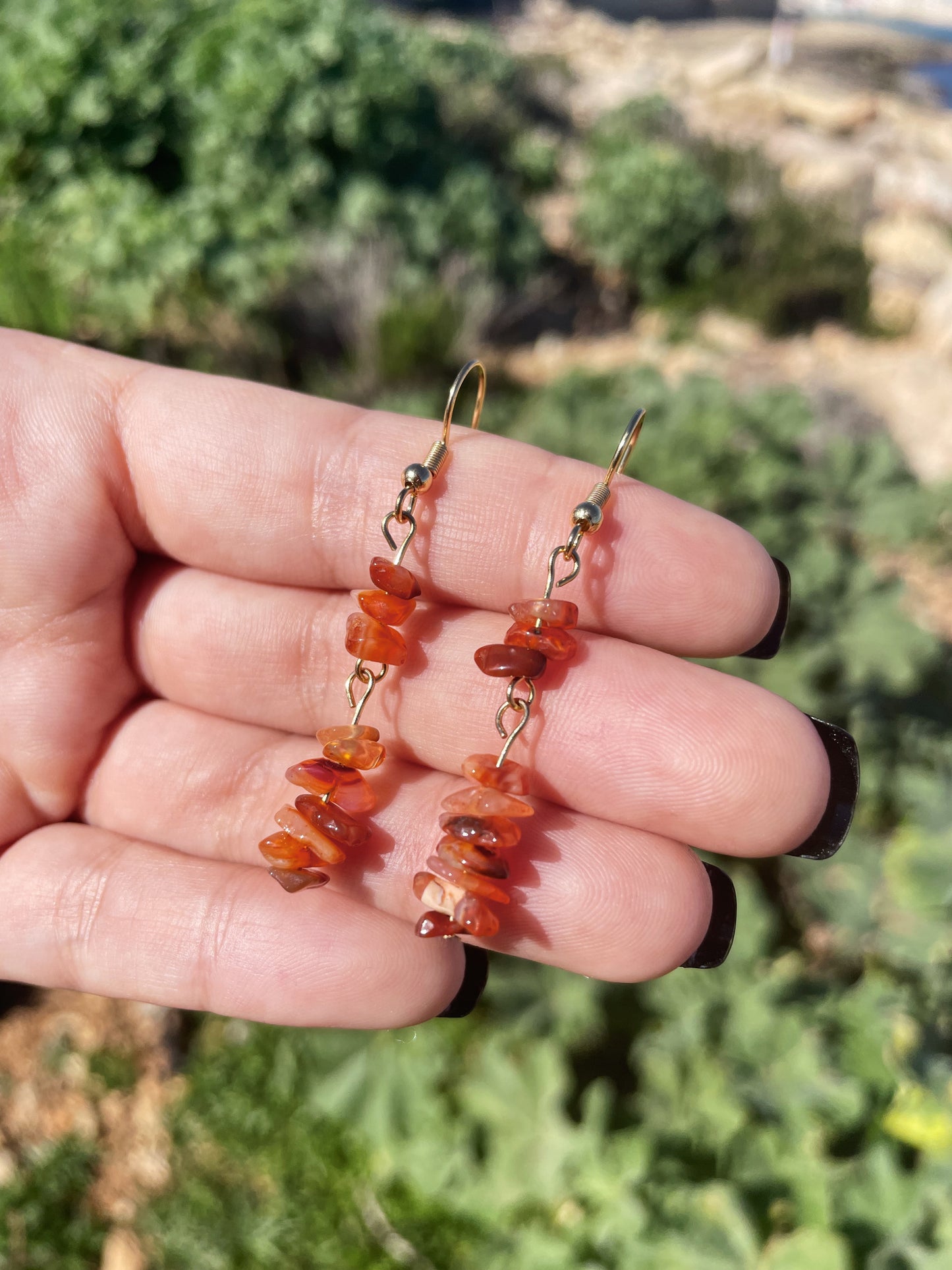Carnelian Chips Silver, Gold Earrings, 2 Tier ︱ Repurposed