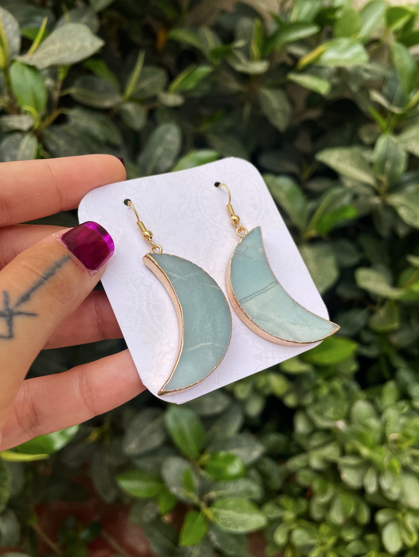 Agate Crescent Moon Gold Earrings