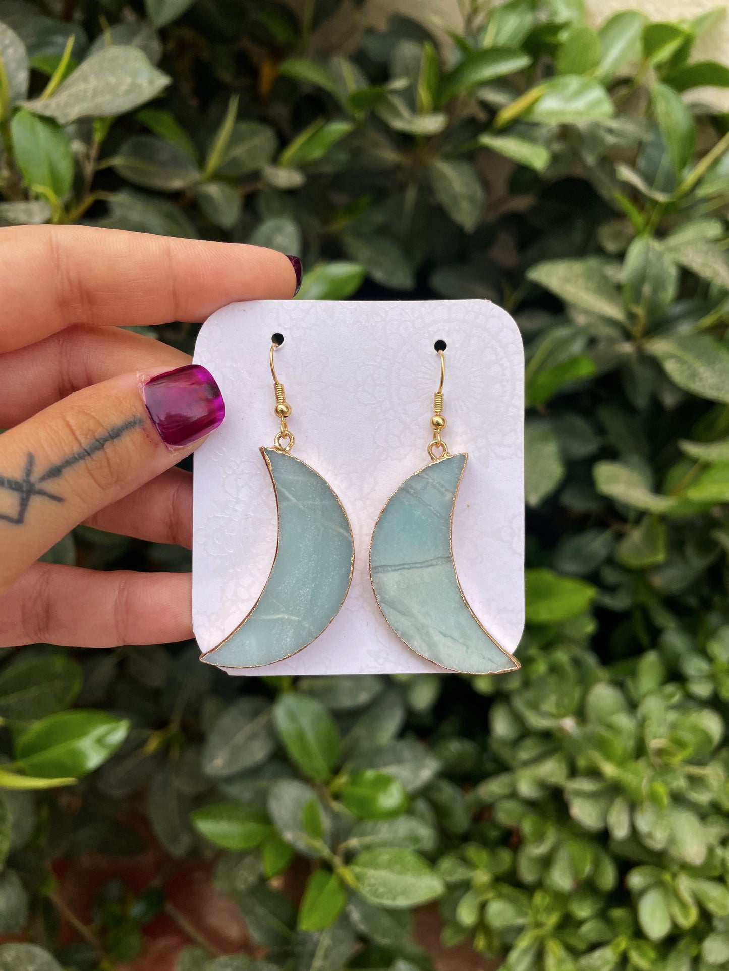 Agate Crescent Moon Gold Earrings