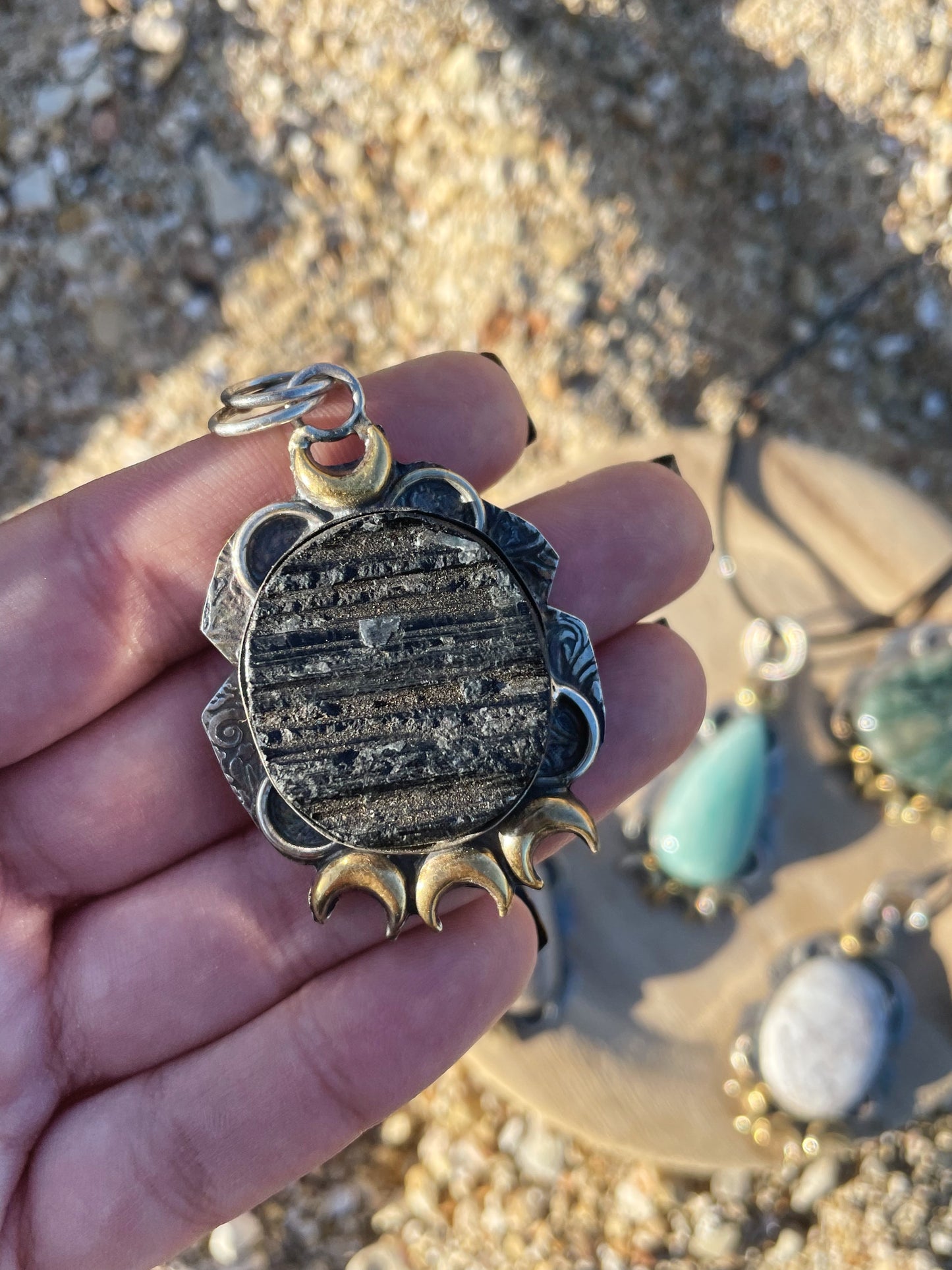 Triple Moon Goddess Silver Necklace, Black Tourmaline, Fossil Coral, Aventurine, Wild Horse, Amazonite