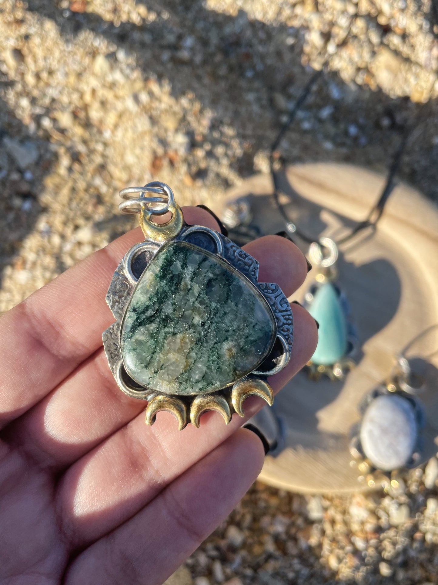 Triple Moon Goddess Silver Necklace, Black Tourmaline, Fossil Coral, Aventurine, Wild Horse, Amazonite