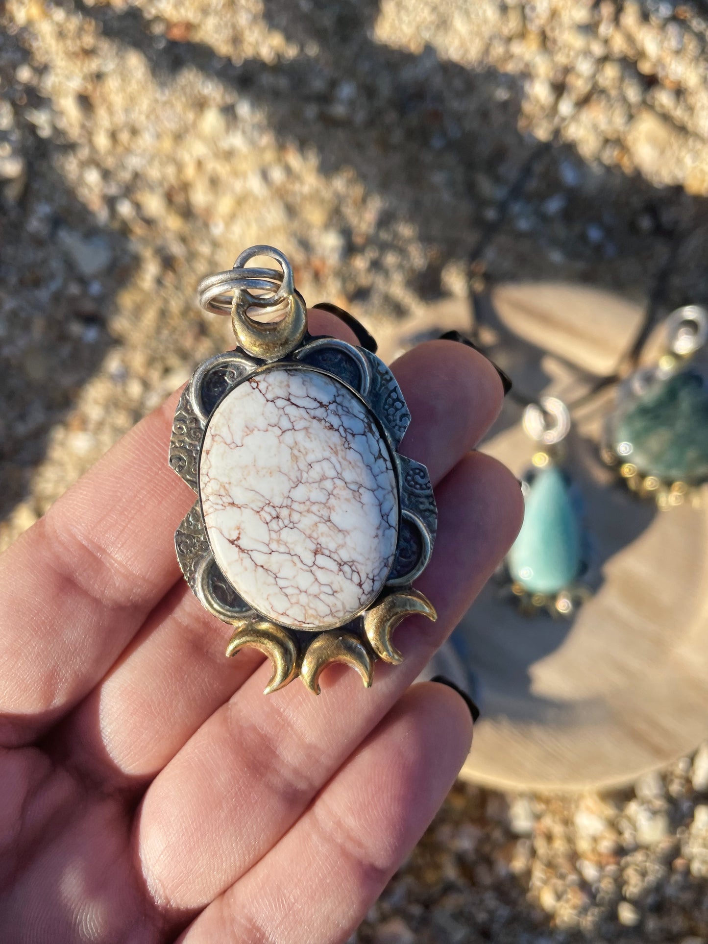 Triple Moon Goddess Silver Necklace, Black Tourmaline, Fossil Coral, Aventurine, Wild Horse, Amazonite