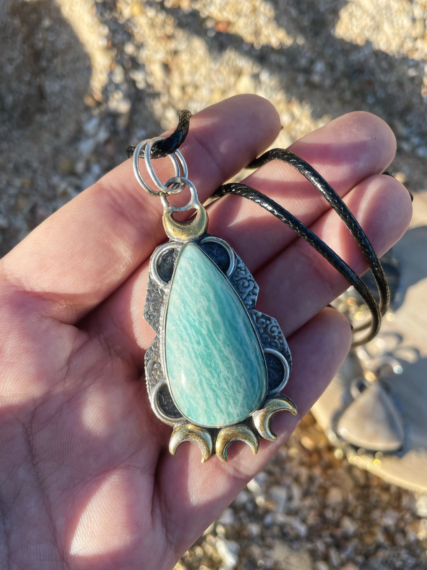 Triple Moon Goddess Silver Necklace, Black Tourmaline, Fossil Coral, Aventurine, Wild Horse, Amazonite