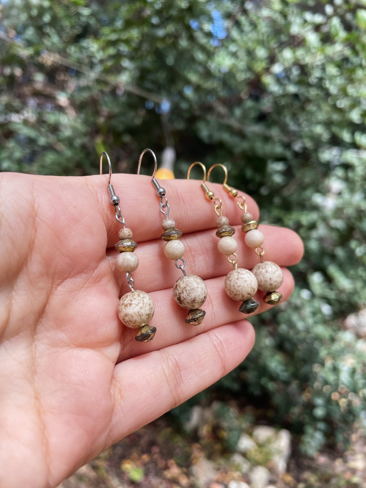 Beige Beaded Gold and Silver Earrings ︱ Repurposed