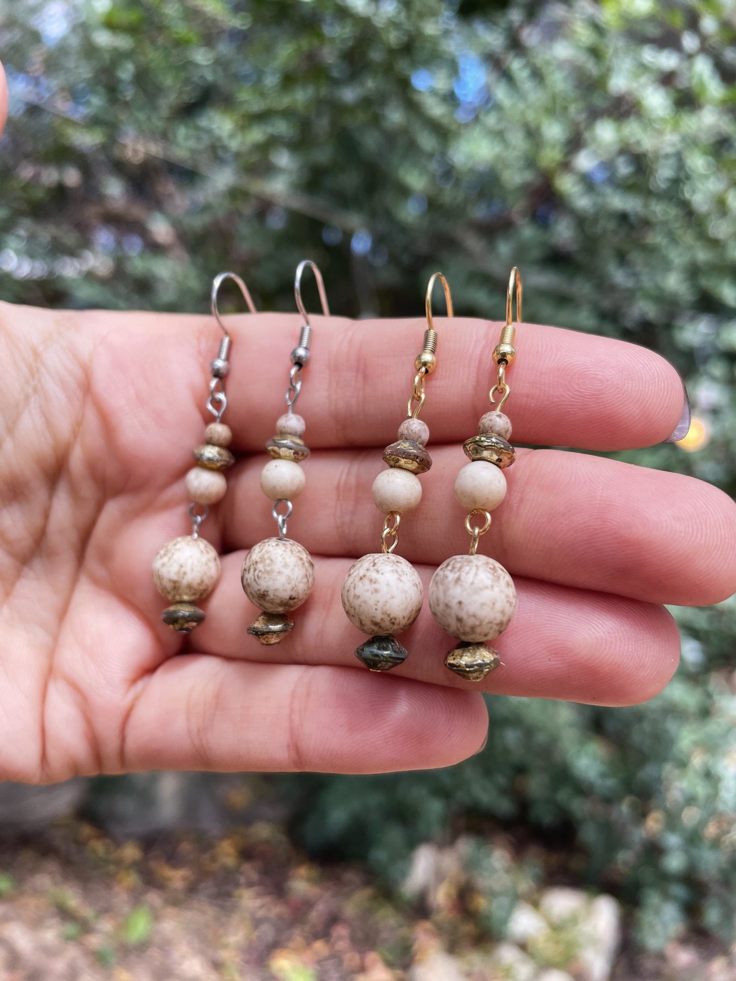 Beige Beaded Gold and Silver Earrings ︱ Repurposed