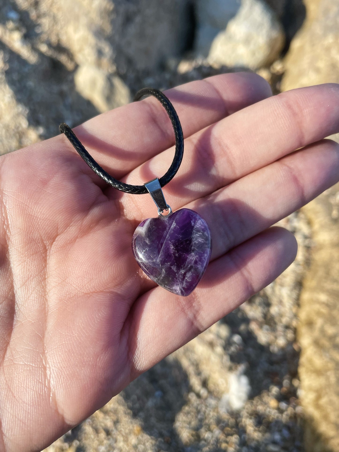 Black Onyx, Amethyst, Rose Quartz, Clear Quartz Heart Necklace