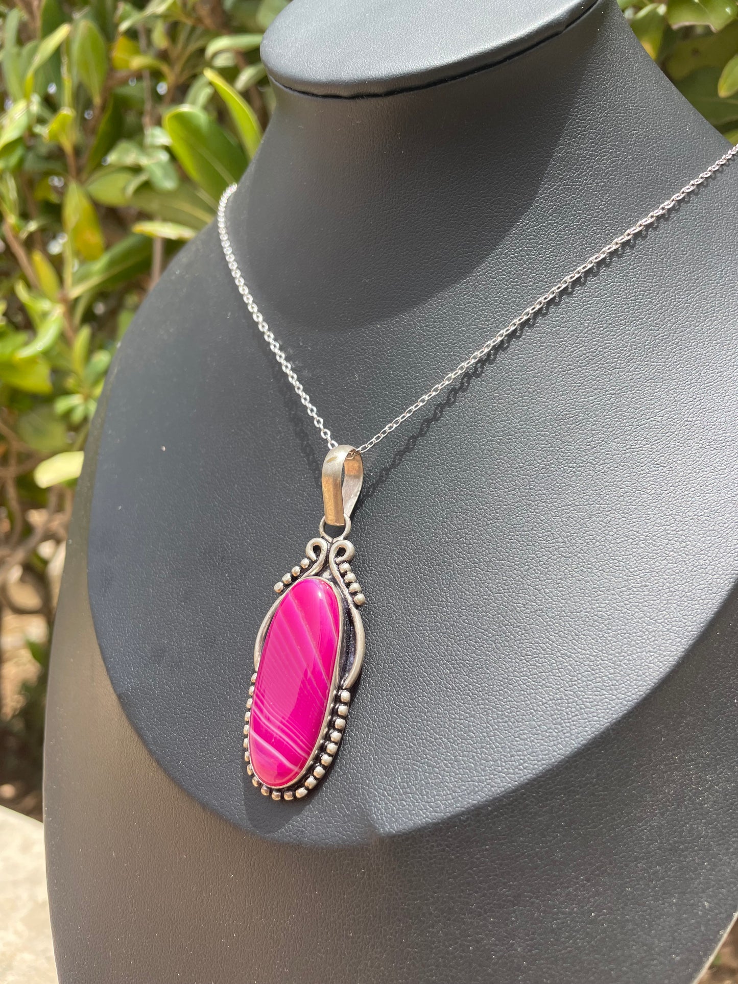 Pink Agate Ornamental Silver Necklace