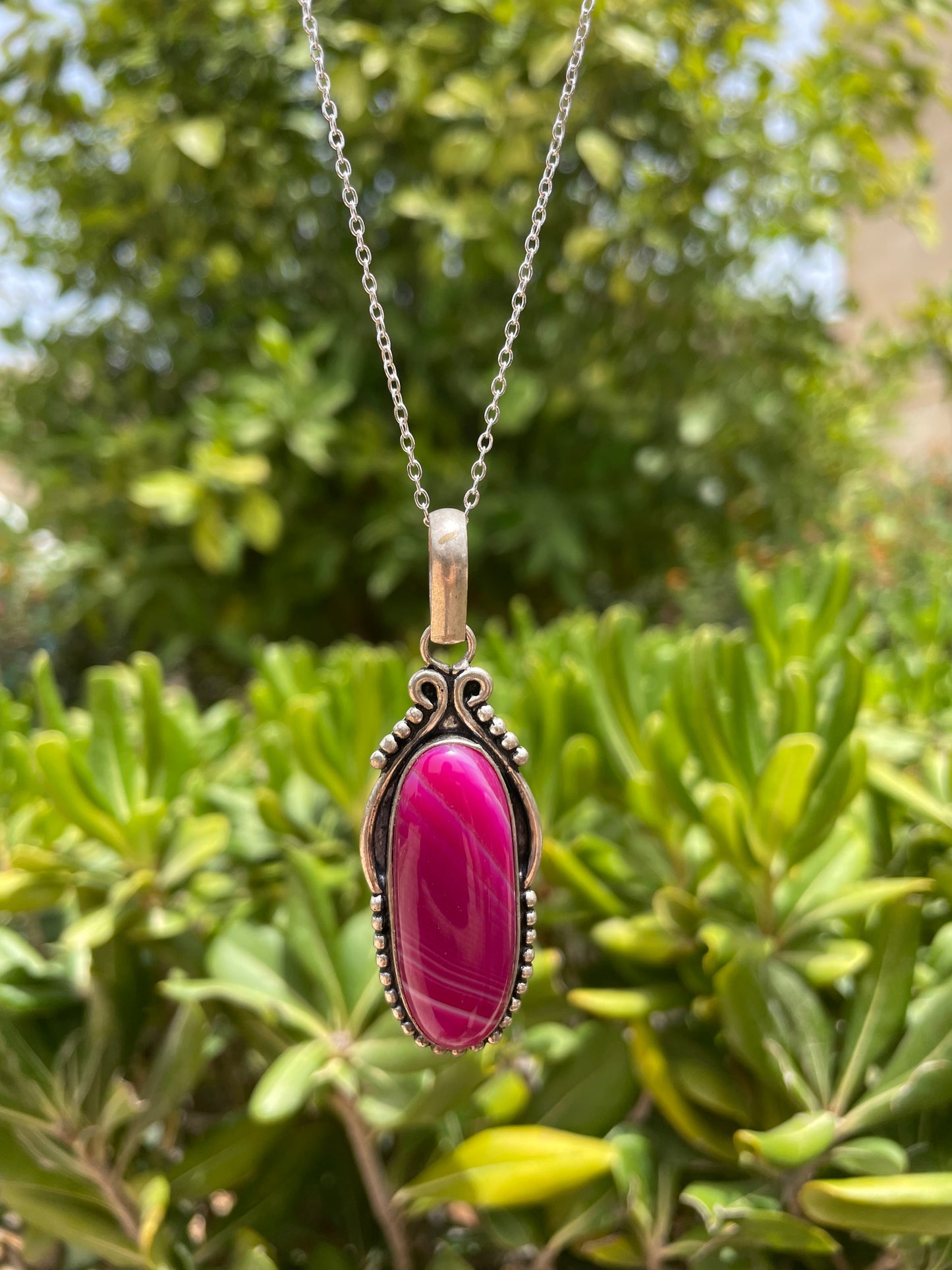 Pink Agate Ornamental Silver Necklace