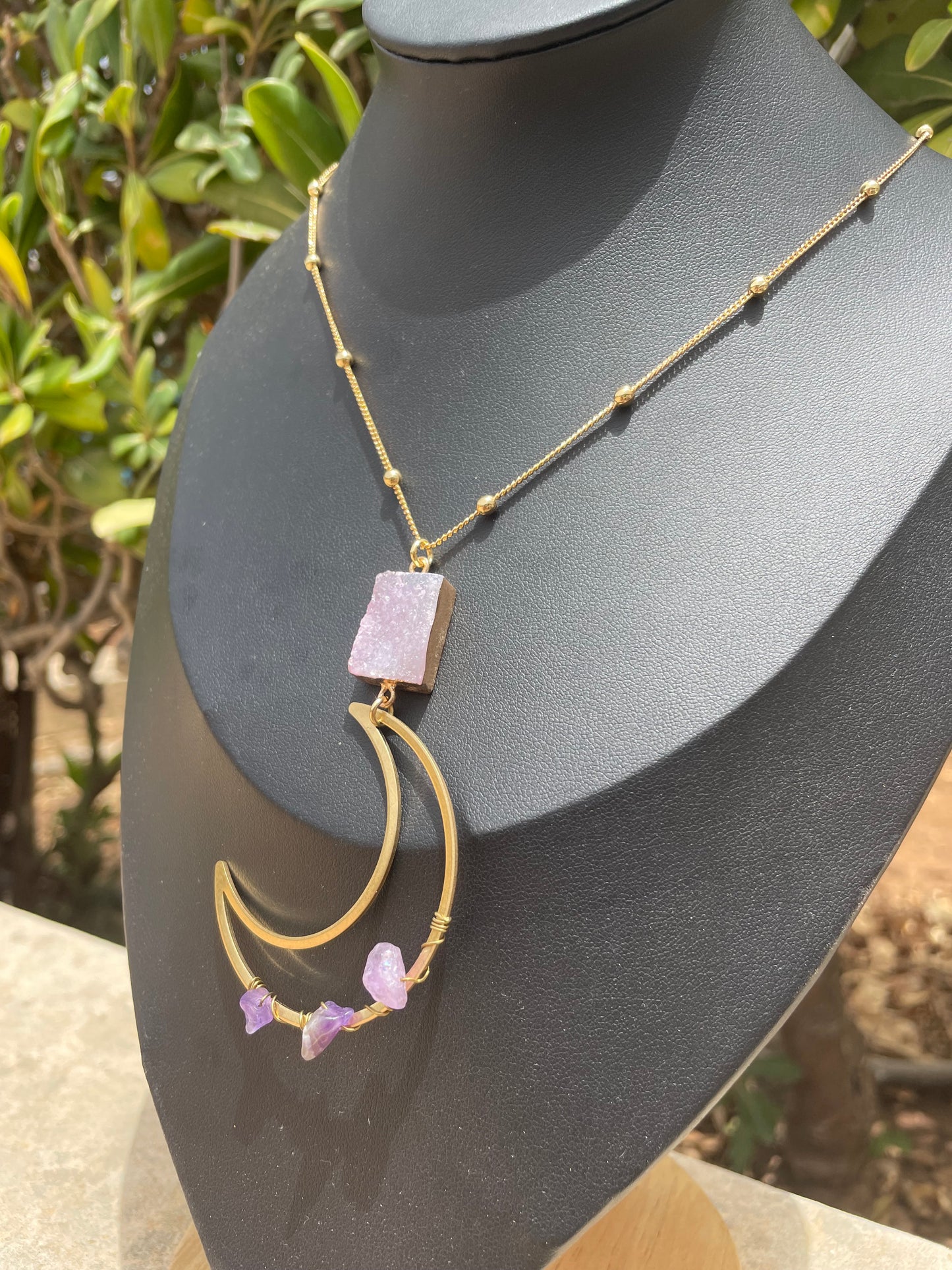Amethyst and Quartz Druzy Crescent Moon Gold Necklace