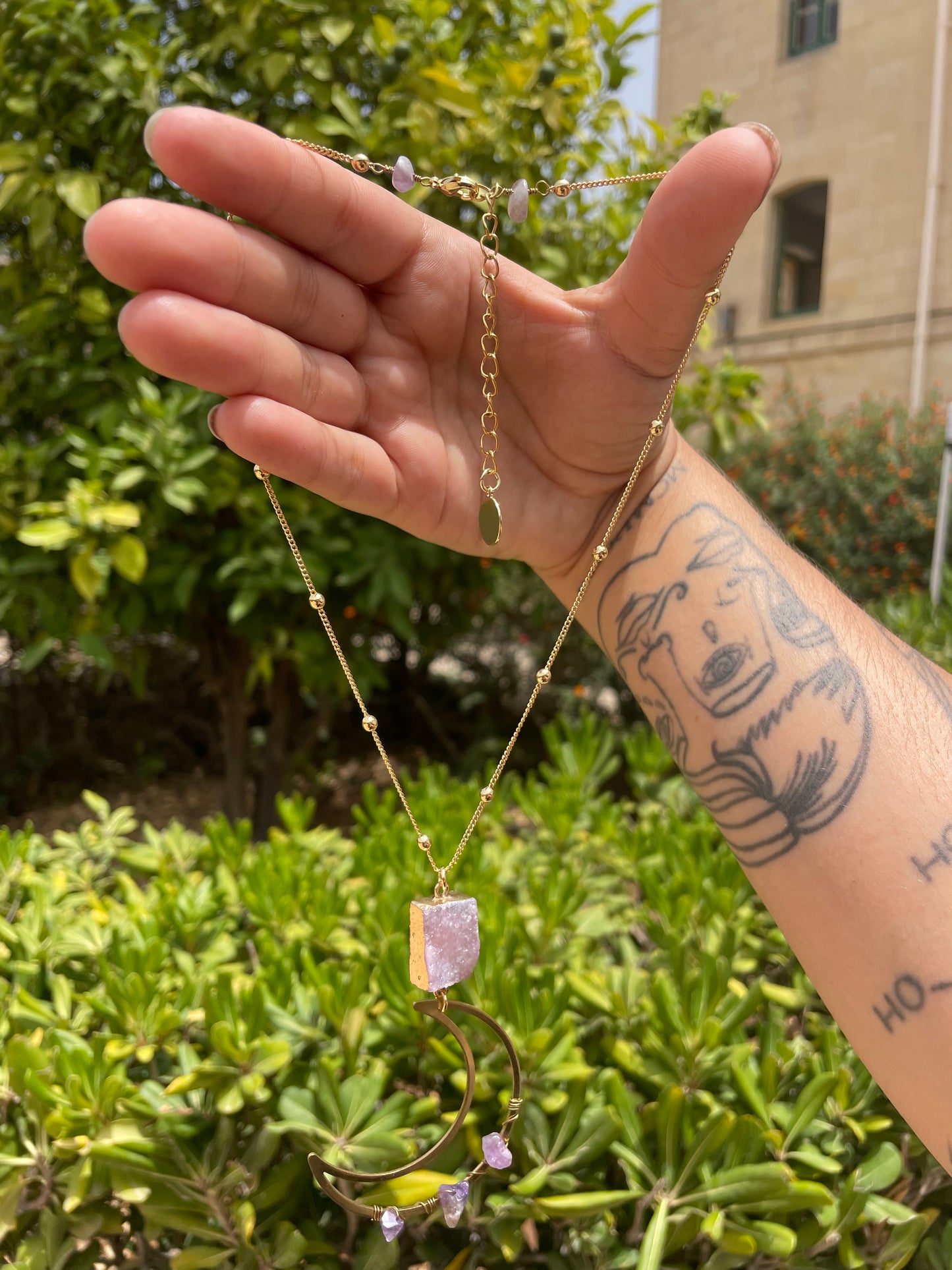 Amethyst and Quartz Druzy Crescent Moon Gold Necklace