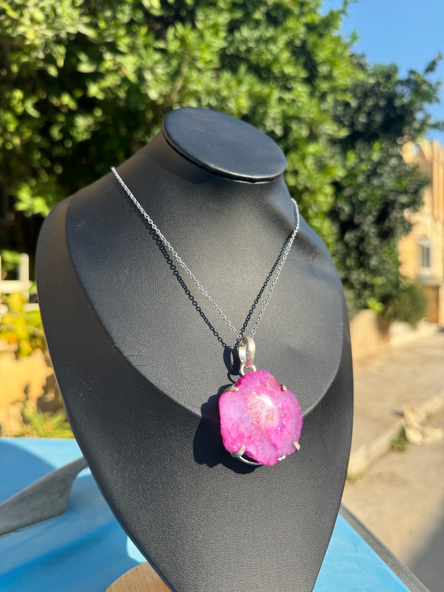 Pink Solar Quartz Silver Necklace