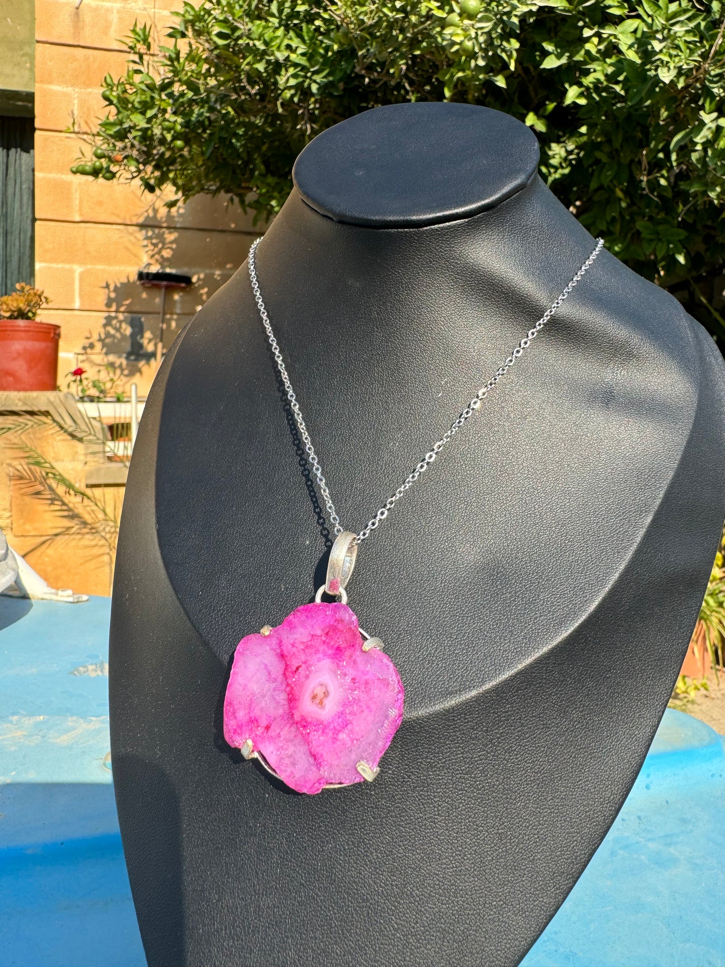 Pink Solar Quartz Silver Necklace