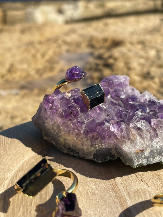 Amethyst and Black Tourmaline Gold Ring