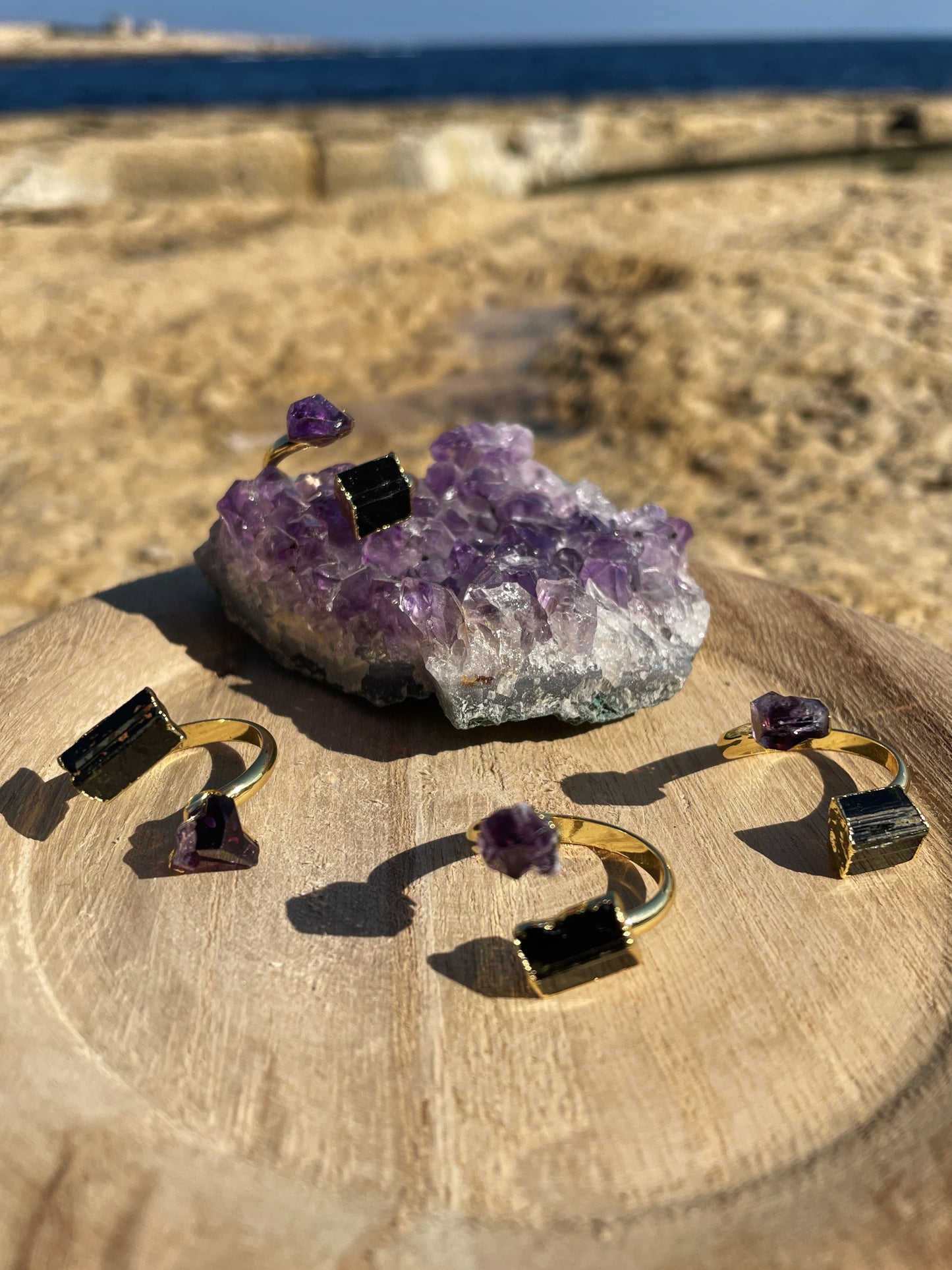 Amethyst and Black Tourmaline Gold Ring