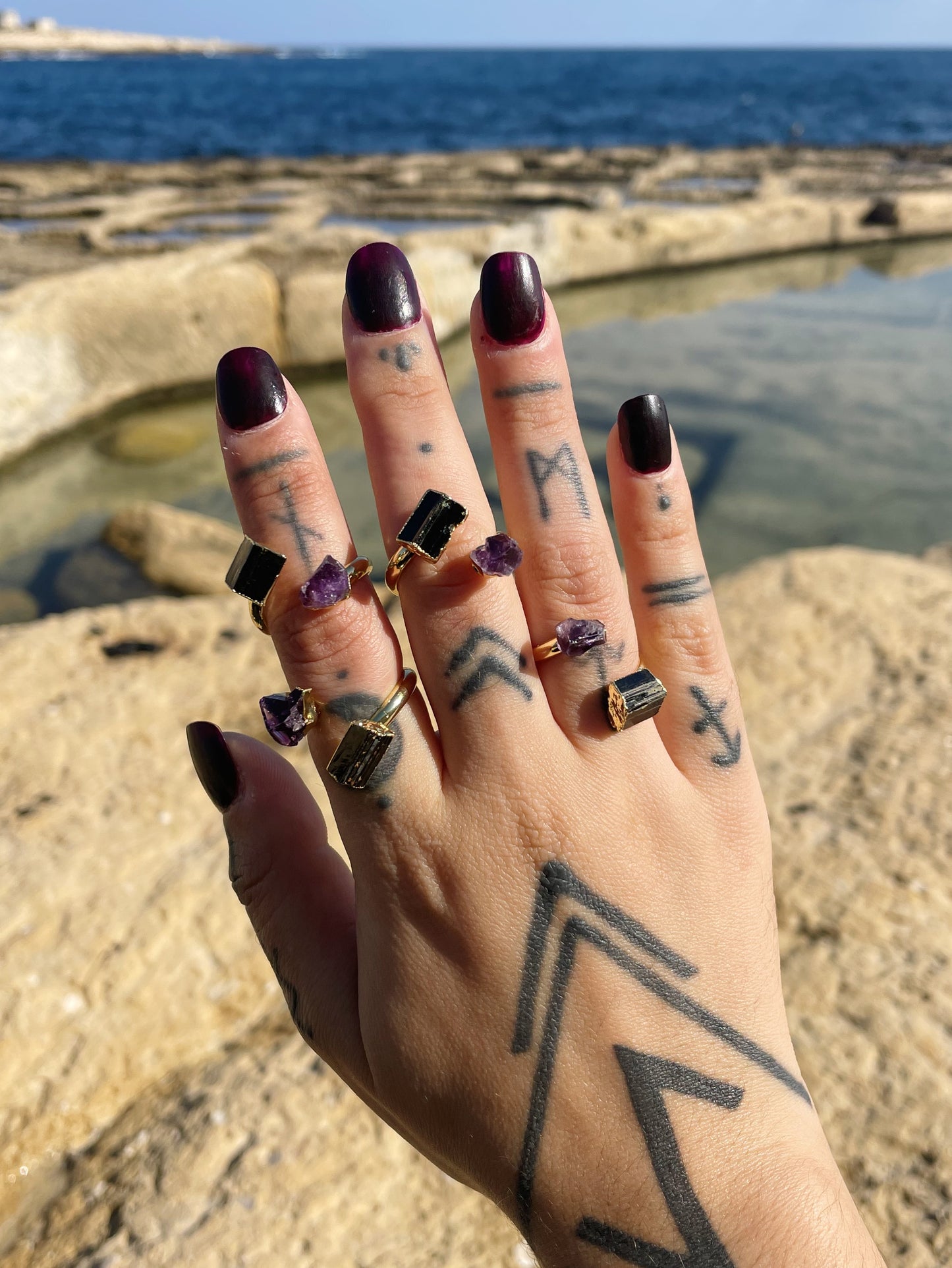 Amethyst and Black Tourmaline Gold Ring