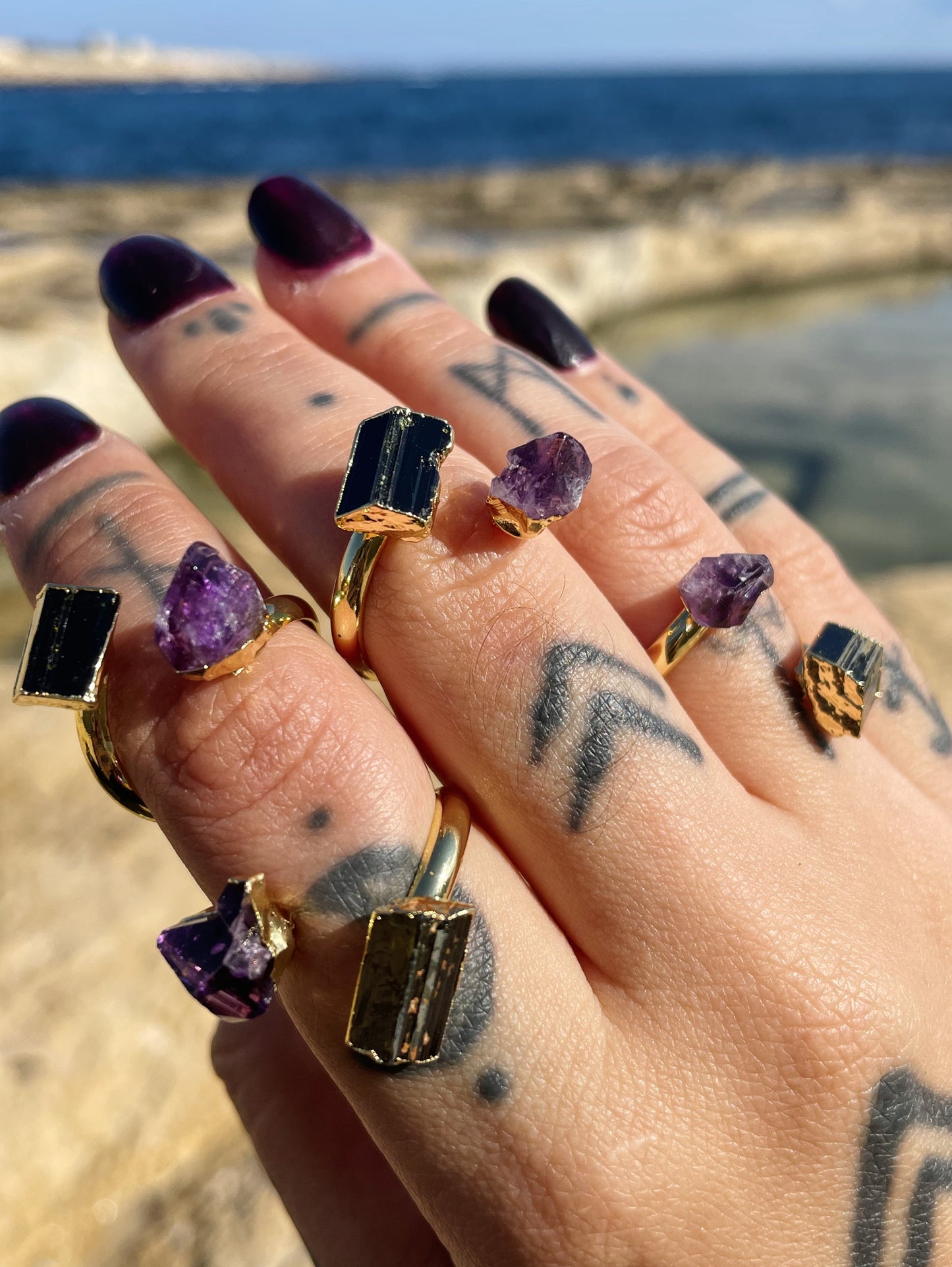 Amethyst and Black Tourmaline Gold Ring