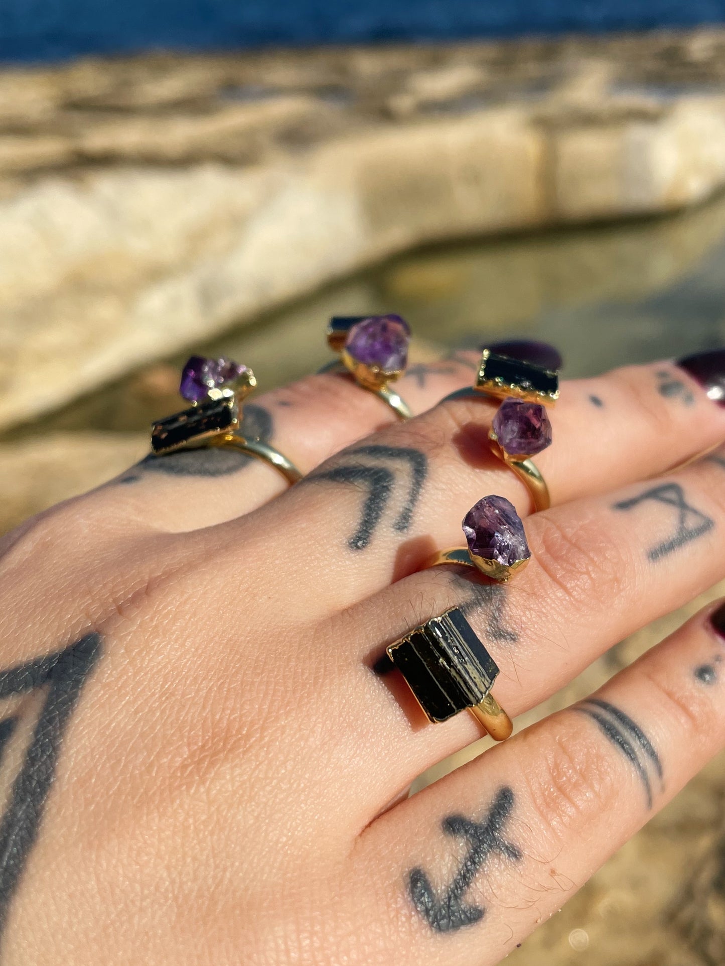 Amethyst and Black Tourmaline Gold Ring