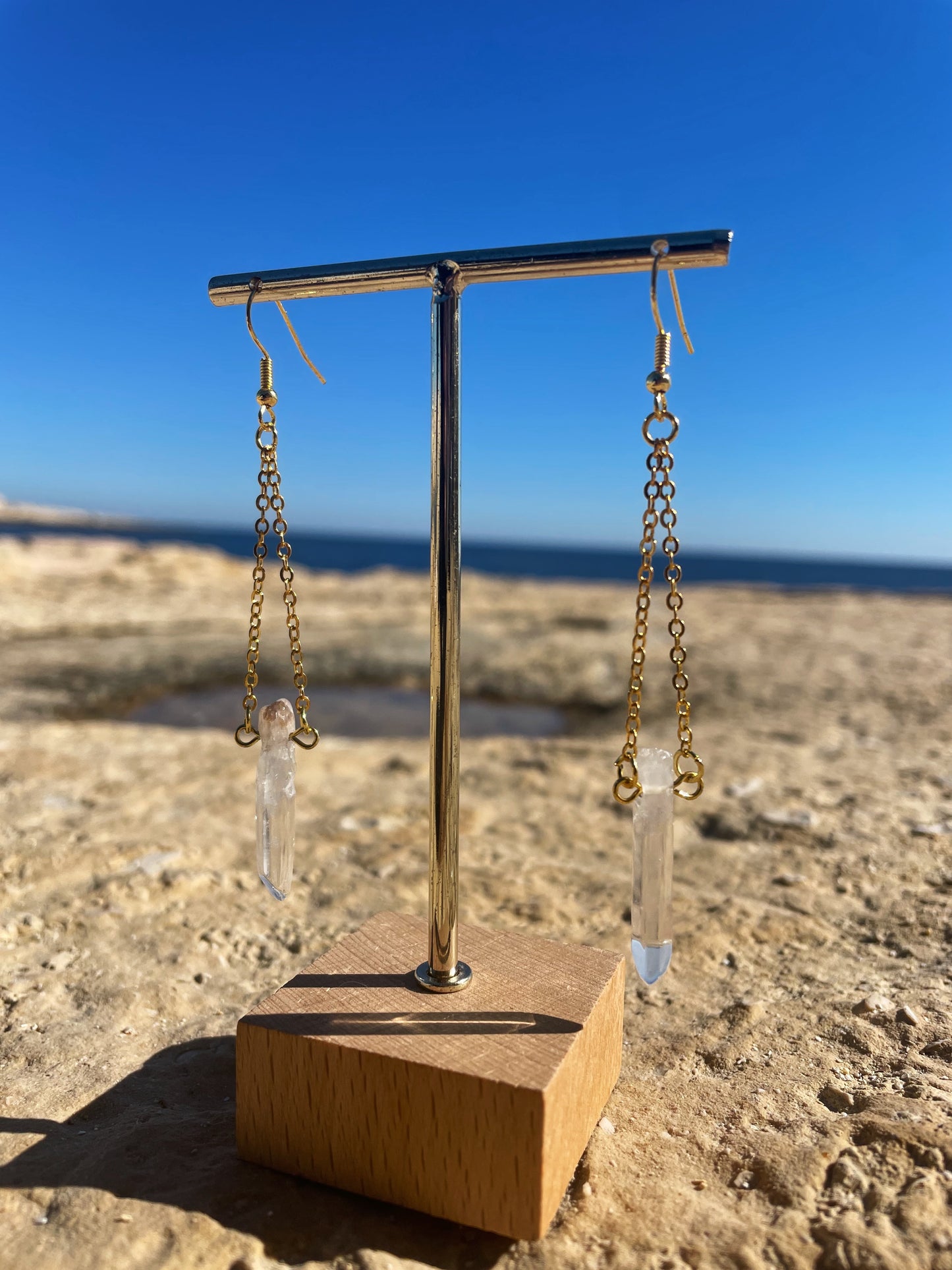 Glass Quartz Dangly Gold Earrings