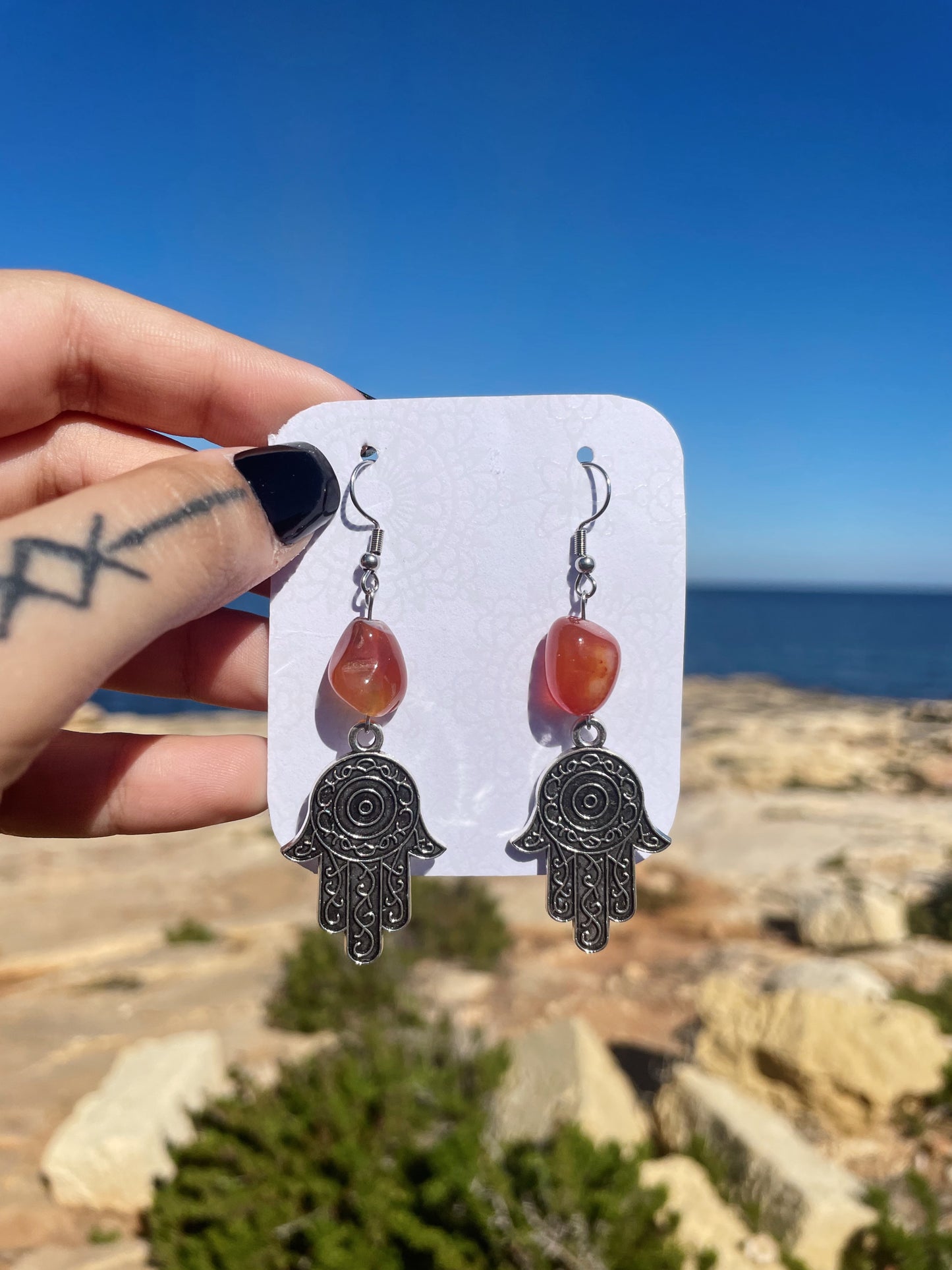 Carnelian Hamsa Silver Earrings