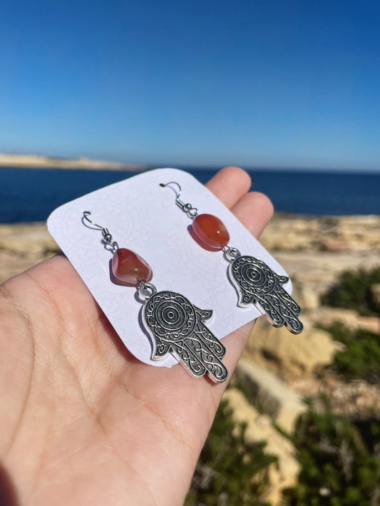 Carnelian Hamsa Silver Earrings