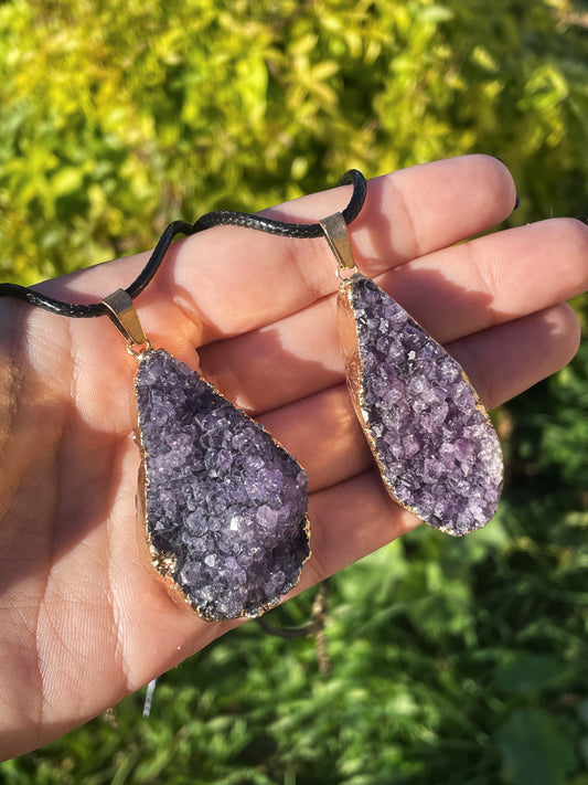 Amethyst Cluster Black Cord Necklace