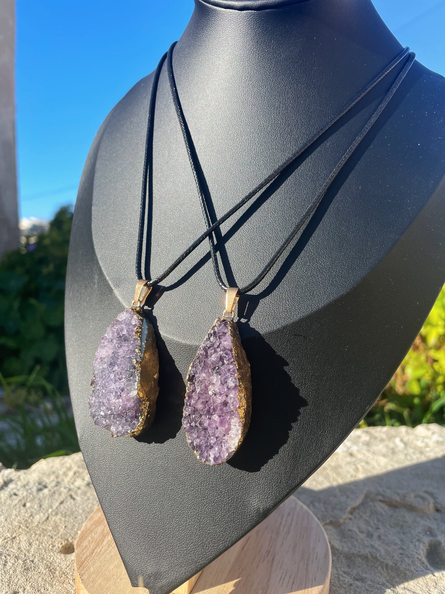 Amethyst Cluster Black Cord Necklace